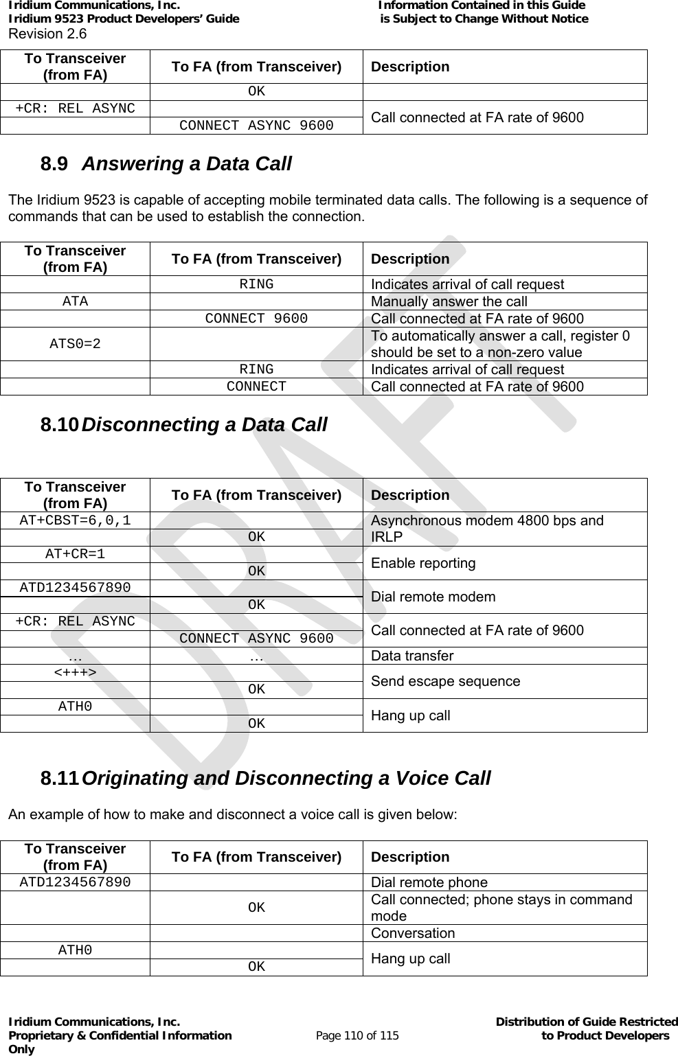 Iridium Communications, Inc.                                                           Information Contained in this Guide  Iridium 9523 Product Developers’ Guide                                          is Subject to Change Without Notice  Revision 2.6 Iridium Communications, Inc.                                          Distribution of Guide Restricted Proprietary &amp; Confidential Information                         Page 110 of 115                                        to Product Developers Only           To Transceiver (from FA)  To FA (from Transceiver)  Description  OK +CR: REL ASYNC    Call connected at FA rate of 9600   CONNECT ASYNC 9600 8.9  Answering a Data Call The Iridium 9523 is capable of accepting mobile terminated data calls. The following is a sequence of commands that can be used to establish the connection. To Transceiver (from FA)  To FA (from Transceiver)  Description  RING Indicates arrival of call request ATA  Manually answer the call  CONNECT 9600 Call connected at FA rate of 9600 ATS0=2  To automatically answer a call, register 0 should be set to a non-zero value  RING Indicates arrival of call request  CONNECT Call connected at FA rate of 9600 8.10 Disconnecting a Data Call  To Transceiver (from FA)  To FA (from Transceiver)  Description AT+CBST=6,0,1  Asynchronous modem 4800 bps and IRLP  OK AT+CR=1  Enable reporting  OK ATD1234567890  Dial remote modem  OK +CR: REL ASYNC    Call connected at FA rate of 9600   CONNECT ASYNC 9600 … …Data transfer &lt;+++&gt;  Send escape sequence  OK ATH0  Hang up call  OK  8.11 Originating and Disconnecting a Voice Call An example of how to make and disconnect a voice call is given below: To Transceiver (from FA)  To FA (from Transceiver)  Description ATD1234567890  Dial remote phone  OK Call connected; phone stays in command mode   Conversation ATH0  Hang up call  OK 
