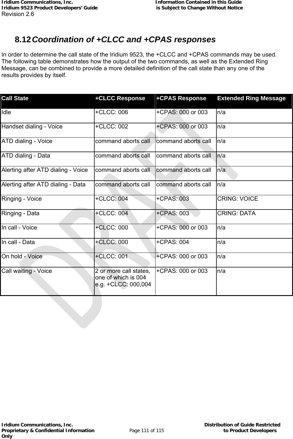 Iridium Communications, Inc.                                                           Information Contained in this Guide  Iridium 9523 Product Developers’ Guide                                          is Subject to Change Without Notice  Revision 2.6 Iridium Communications, Inc.                                          Distribution of Guide Restricted Proprietary &amp; Confidential Information                         Page 111 of 115                                        to Product Developers Only            8.12 Coordination of +CLCC and +CPAS responses In order to determine the call state of the Iridium 9523, the +CLCC and +CPAS commands may be used. The following table demonstrates how the output of the two commands, as well as the Extended Ring Message, can be combined to provide a more detailed definition of the call state than any one of the results provides by itself.     Call State  +CLCC Response  +CPAS Response  Extended Ring Message Idle +CLCC: 006 +CPAS: 000 or 003  n/a Handset dialing - Voice  +CLCC: 002  +CPAS: 000 or 003  n/a ATD dialing - Voice  command aborts call  command aborts call  n/a ATD dialing - Data  command aborts call  command aborts call  n/a Alerting after ATD dialing - Voice  command aborts call  command aborts call  n/a Alerting after ATD dialing - Data  command aborts call  command aborts call  n/a Ringing - Voice  +CLCC: 004  +CPAS: 003  CRING: VOICE Ringing - Data  +CLCC: 004 +CPAS: 003 CRING: DATA In call - Voice  +CLCC: 000  +CPAS: 000 or 003  n/a In call - Data  +CLCC: 000  +CPAS: 004  n/a On hold - Voice  +CLCC: 001  +CPAS: 000 or 003  n/a Call waiting - Voice  2 or more call states, one of which is 004 e.g. +CLCC: 000,004 +CPAS: 000 or 003  n/a 