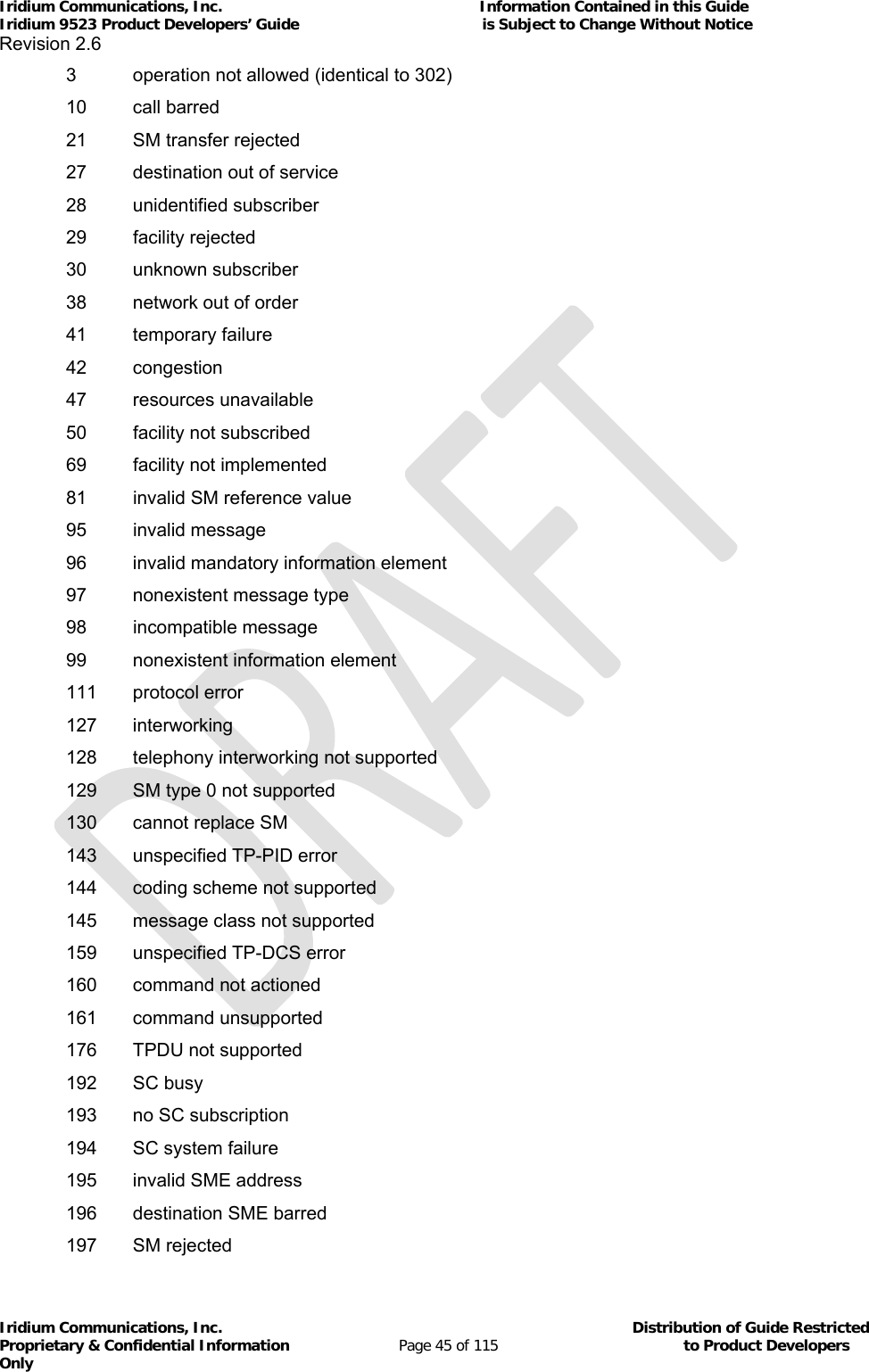 Iridium Communications, Inc.                                                           Information Contained in this Guide  Iridium 9523 Product Developers’ Guide                                          is Subject to Change Without Notice  Revision 2.6 Iridium Communications, Inc.                                          Distribution of Guide Restricted Proprietary &amp; Confidential Information                         Page 45 of 115                                        to Product Developers Only             3  operation not allowed (identical to 302)  10 call barred   21  SM transfer rejected   27  destination out of service  28 unidentified subscriber  29 facility rejected  30 unknown subscriber   38  network out of order  41 temporary failure  42 congestion  47 resources unavailable  50 facility not subscribed   69  facility not implemented   81  invalid SM reference value  95 invalid message   96  invalid mandatory information element   97  nonexistent message type  98 incompatible message   99  nonexistent information element  111 protocol error  127 interworking   128  telephony interworking not supported   129  SM type 0 not supported   130  cannot replace SM   143  unspecified TP-PID error   144  coding scheme not supported   145  message class not supported   159  unspecified TP-DCS error   160  command not actioned  161 command unsupported   176  TPDU not supported  192 SC busy   193  no SC subscription   194  SC system failure   195  invalid SME address   196  destination SME barred  197 SM rejected 