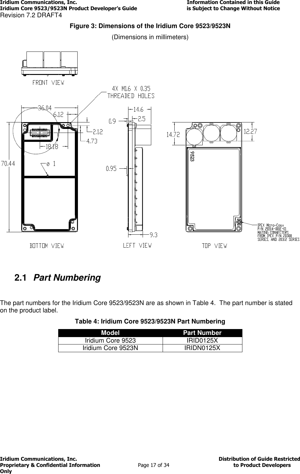 Iridium Communications, Inc.                                                                         Information Contained in this Guide  Iridium Core 9523/9523N Product Developer’s Guide                                 is Subject to Change Without Notice  Revision 7.2 DRAFT4 Iridium Communications, Inc.                                          Distribution of Guide Restricted Proprietary &amp; Confidential Information                         Page 17 of 34                                        to Product Developers Only           Figure 3: Dimensions of the Iridium Core 9523/9523N (Dimensions in millimeters)        2.1  Part Numbering  The part numbers for the Iridium Core 9523/9523N are as shown in Table 4.  The part number is stated on the product label.  Table 4: Iridium Core 9523/9523N Part Numbering Model Part Number Iridium Core 9523 IRID0125X Iridium Core 9523N IRIDN0125X        