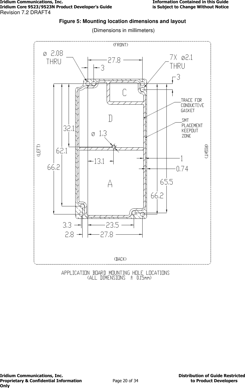 Iridium Communications, Inc.                                                                         Information Contained in this Guide  Iridium Core 9523/9523N Product Developer’s Guide                                 is Subject to Change Without Notice  Revision 7.2 DRAFT4 Iridium Communications, Inc.                                          Distribution of Guide Restricted Proprietary &amp; Confidential Information                         Page 20 of 34                                        to Product Developers Only           Figure 5: Mounting location dimensions and layout  (Dimensions in millimeters)      