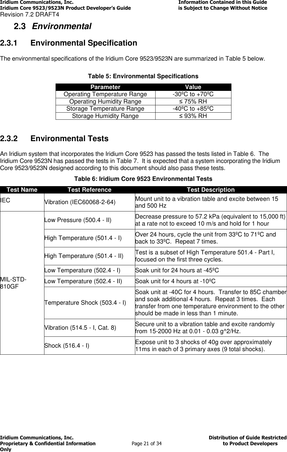 Iridium Communications, Inc.                                                                         Information Contained in this Guide  Iridium Core 9523/9523N Product Developer’s Guide                                 is Subject to Change Without Notice  Revision 7.2 DRAFT4 Iridium Communications, Inc.                                          Distribution of Guide Restricted Proprietary &amp; Confidential Information                         Page 21 of 34                                        to Product Developers Only           2.3  Environmental 2.3.1  Environmental Specification The environmental specifications of the Iridium Core 9523/9523N are summarized in Table 5 below.  Table 5: Environmental Specifications Parameter Value Operating Temperature Range -30ºC to +70ºC Operating Humidity Range ≤ 75% RH Storage Temperature Range -40ºC to +85ºC Storage Humidity Range ≤ 93% RH  2.3.2  Environmental Tests An Iridium system that incorporates the Iridium Core 9523 has passed the tests listed in Table 6.  The Iridium Core 9523N has passed the tests in Table 7.  It is expected that a system incorporating the Iridium Core 9523/9523N designed according to this document should also pass these tests. Table 6: Iridium Core 9523 Environmental Tests Test Name Test Reference Test Description IEC Vibration (IEC60068-2-64) Mount unit to a vibration table and excite between 15 and 500 Hz MIL-STD-810GF Low Pressure (500.4 - II) Decrease pressure to 57.2 kPa (equivalent to 15,000 ft) at a rate not to exceed 10 m/s and hold for 1 hour High Temperature (501.4 - I) Over 24 hours, cycle the unit from 33ºC to 71ºC and back to 33ºC.  Repeat 7 times.   High Temperature (501.4 - II) Test is a subset of High Temperature 501.4 - Part I, focused on the first three cycles. Low Temperature (502.4 - I) Soak unit for 24 hours at -45ºC Low Temperature (502.4 - II) Soak unit for 4 hours at -10ºC Temperature Shock (503.4 - I) Soak unit at -40C for 4 hours.  Transfer to 85C chamber and soak additional 4 hours.  Repeat 3 times.  Each transfer from one temperature environment to the other should be made in less than 1 minute. Vibration (514.5 - I, Cat. 8) Secure unit to a vibration table and excite randomly from 15-2000 Hz at 0.01 - 0.03 g^2/Hz. Shock (516.4 - I) Expose unit to 3 shocks of 40g over approximately 11ms in each of 3 primary axes (9 total shocks).    