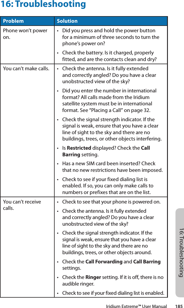 Iridium Extreme™ User Manual        18516: TroubleshootingProblem SolutionPhone won’t power on.• Didyoupressandholdthepowerbuttonfor a minimum of three seconds to turn the phone’s power on?• Checkthebattery.Isitcharged,properlyfitted, and are the contacts clean and dry?You can’t make calls. • Checktheantenna.Isitfullyextendedand correctly angled? Do you have a clear unobstructed view of the sky?• Didyouenterthenumberininternationalformat? All calls made from the Iridium satellite system must be in international format. See “Placing a Call” on page 32.• Checkthesignalstrengthindicator.Ifthesignal is weak, ensure that you have a clear line of sight to the sky and there are no buildings, trees, or other objects interfering.• IsRestricted displayed? Check the Call Barring setting.• HasanewSIMcardbeeninserted?Checkthat no new restrictions have been imposed.• Checktoseeifyourfixeddialinglistisenabled. If so, you can only make calls to numbers or prefixes that are on the list.You can’t receive calls.• Checktoseethatyourphoneispoweredon.• Checktheantenna.Isitfullyextendedand correctly angled? Do you have a clear unobstructed view of the sky?• Checkthesignalstrengthindicator.Ifthesignal is weak, ensure that you have a clear line of sight to the sky and there are no buildings, trees, or other objects around.• ChecktheCall Forwarding and Call Barring settings.• ChecktheRinger setting. If it is off, there is no audible ringer.• Checktoseeifyourfixeddialinglistisenabled.16: Troubleshooting