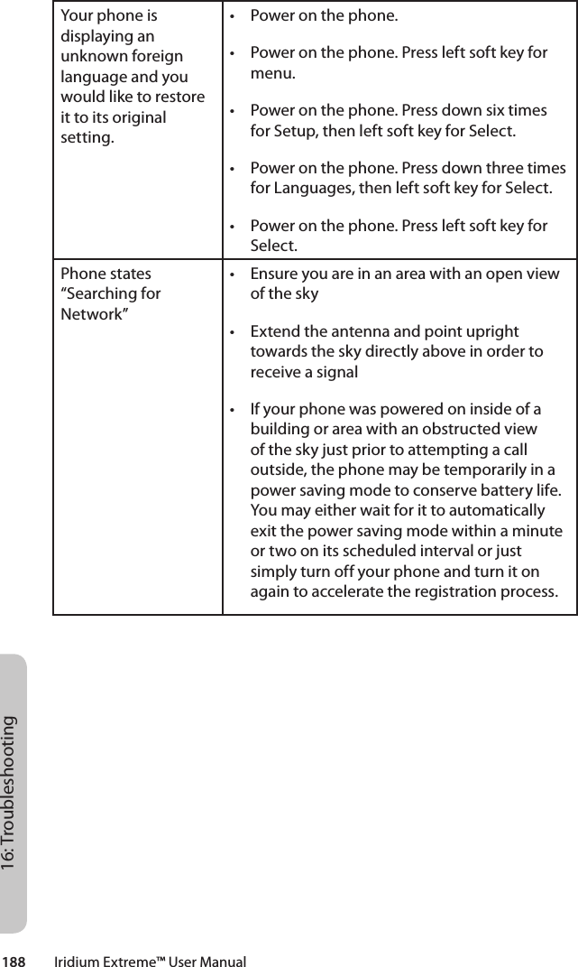 188         Iridium Extreme™ User Manual16: TroubleshootingYour phone is displaying an unknown foreign language and you would like to restore it to its original setting.• Poweronthephone.• Poweronthephone.Pressleftsoftkeyformenu.• Poweronthephone.Pressdownsixtimesfor Setup, then left soft key for Select.• Poweronthephone.Pressdownthreetimesfor Languages, then left soft key for Select.• Poweronthephone.PressleftsoftkeyforSelect.Phone states “Searching for Network”• Ensure you are in an area with an open view of the sky• Extend the antenna and point upright towards the sky directly above in order to receive a signal• Ifyourphonewaspoweredoninsideofabuilding or area with an obstructed view of the sky just prior to attempting a call outside, the phone may be temporarily in a power saving mode to conserve battery life. You may either wait for it to automatically exit the power saving mode within a minute or two on its scheduled interval or just simply turn off your phone and turn it on again to accelerate the registration process.