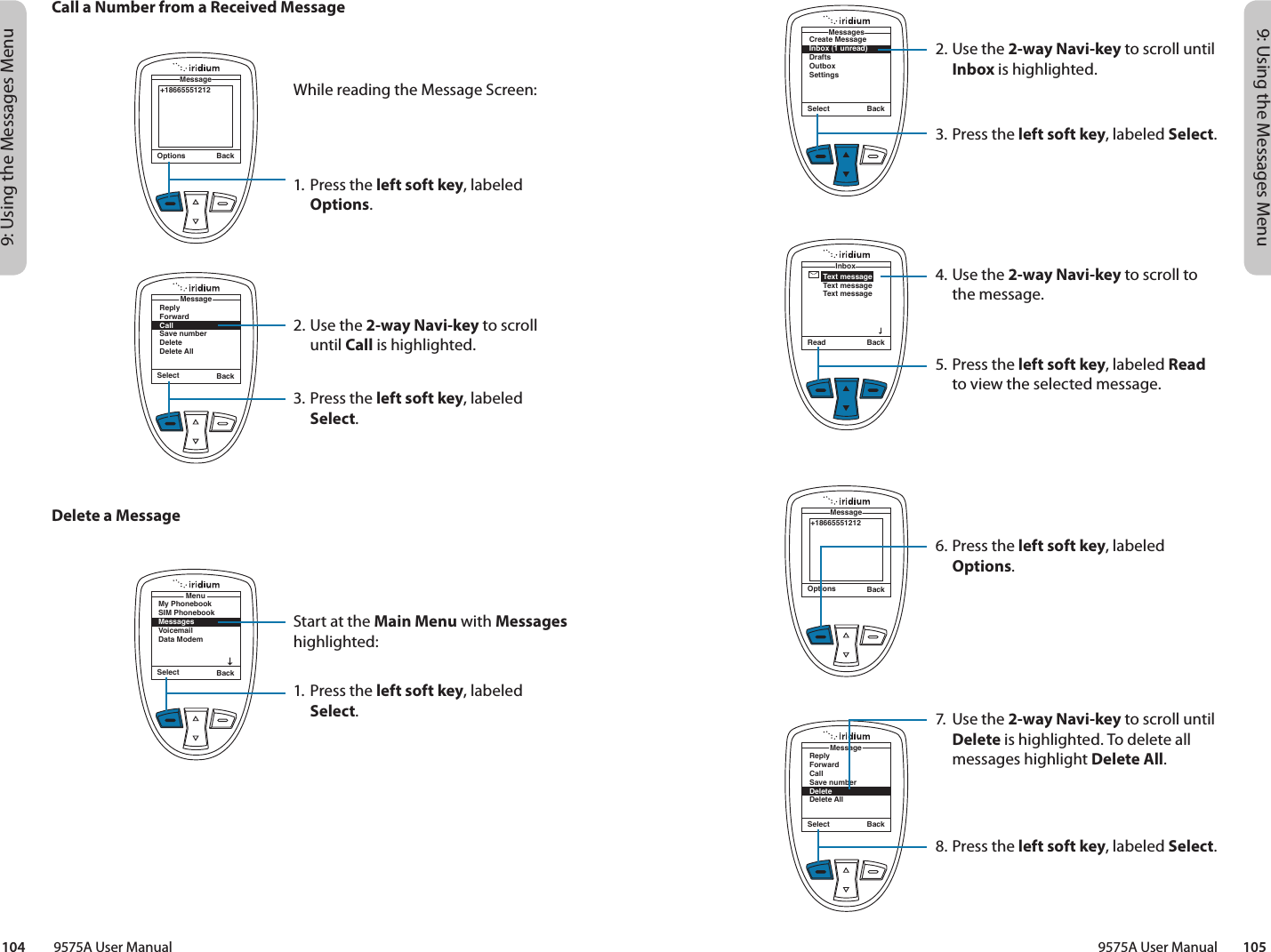 9: Using the Messages Menu9: Using the Messages Menu9575A User Manual        105104         9575A User Manual2. Use the 2-way Navi-key to scroll until Inbox is highlighted.3. Press the left soft key, labeled Select.4. Use the 2-way Navi-key to scroll to the message.5. Press the left soft key, labeled Read to view the selected message.6. Press the left soft key, labeled Options.7.  Use the 2-way Navi-key to scroll until Delete is highlighted. To delete all messages highlight Delete All.8. Press the left soft key, labeled Select.Select BackCreate MessageInbox (1 unread)DraftsOutboxSettingsMessagesRead BackText messageText messageText messageInboxOptions Back+18665551212MessageSelect BackReplyForwardCallSave numberDeleteDelete AllMessageCall a Number from a Received MessageOptions Back+18665551212MessageSelect BackReplyForwardCallSave numberDeleteDelete AllMessageSelect BackMy PhonebookSIM PhonebookMessagesVoicemailData ModemMenuWhile reading the Message Screen:1. Press the left soft key, labeled Options.2. Use the 2-way Navi-key to scroll until Call is highlighted.3. Press the left soft key, labeled Select.Delete a MessageStart at the Main Menu with Messages highlighted:1. Press the left soft key, labeled Select.