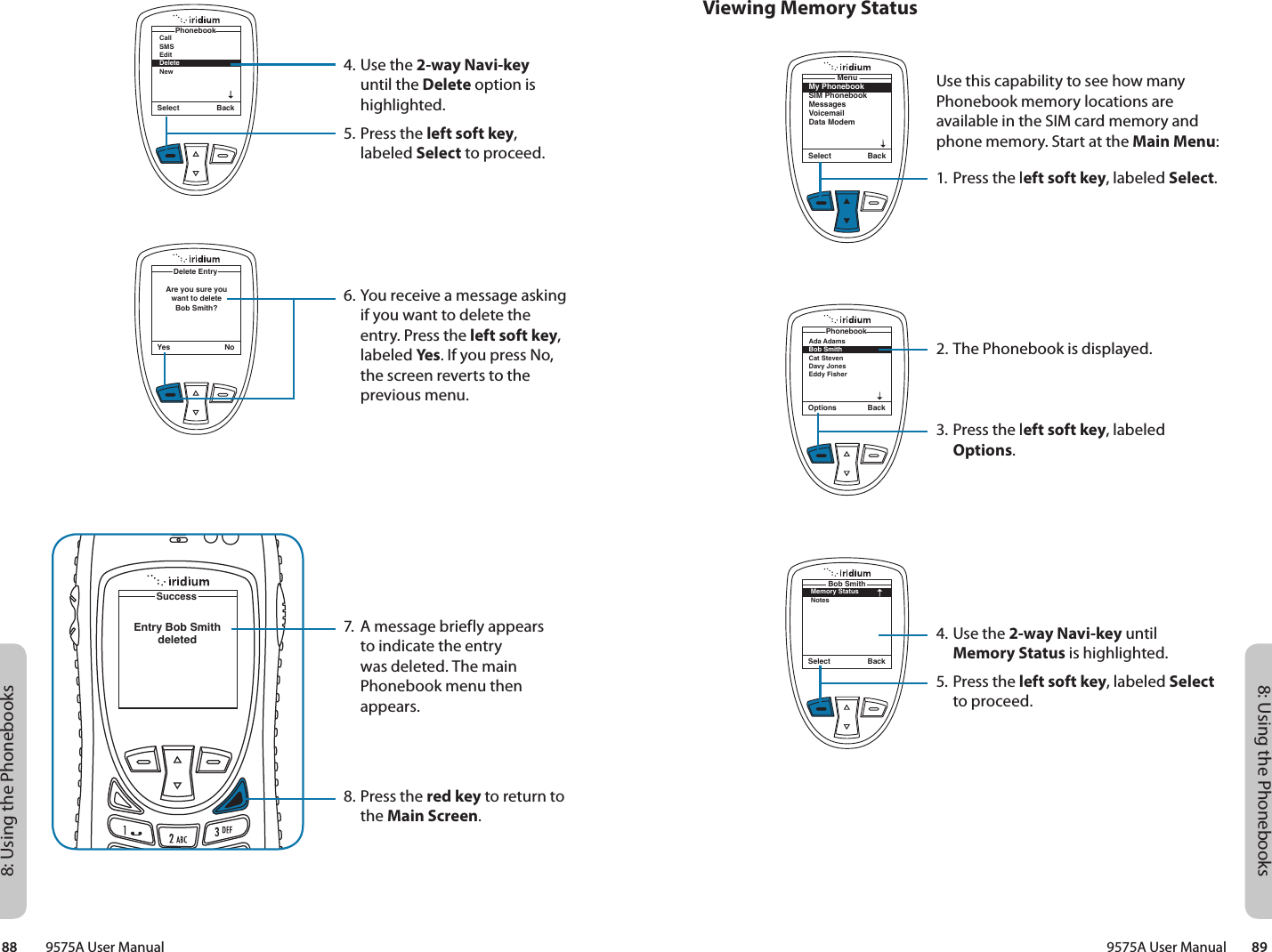 8: Using the Phonebooks8: Using the Phonebooks9575A User Manual        8988         9575A User ManualViewing Memory StatusMy PhonebookSIM PhonebookMessagesVoicemailData ModemMenuSelect BackOptions BackAda Adams Bob Smith Cat Steven Davy JonesEddy Fisher PhonebookSelect BackBob SmithMemory StatusNotesUse this capability to see how many Phonebook memory locations are available in the SIM card memory and phone memory. Start at the Main Menu:1. Press the left soft key, labeled Select.2. The Phonebook is displayed. 3. Press the left soft key, labeled Options.4. Use the 2-way Navi-key until Memory Status is highlighted.5. Press the left soft key, labeled Select to proceed.4. Use the 2-way Navi-key until the Delete option is highlighted.5. Press the left soft key, labeled Select to proceed.6. You receive a message asking if you want to delete the entry. Press the left soft key, labeled Yes. If you press No, the screen reverts to the previous menu.7.  A message briefly appears to indicate the entry was deleted. The main Phonebook menu then appears.8. Press the red key to return to the Main Screen.Select BackPhonebookCall SMSEditDeleteNewYes NoDelete EntryAre you sure you want to delete Bob Smith?SuccessEntry Bob Smithdeleted