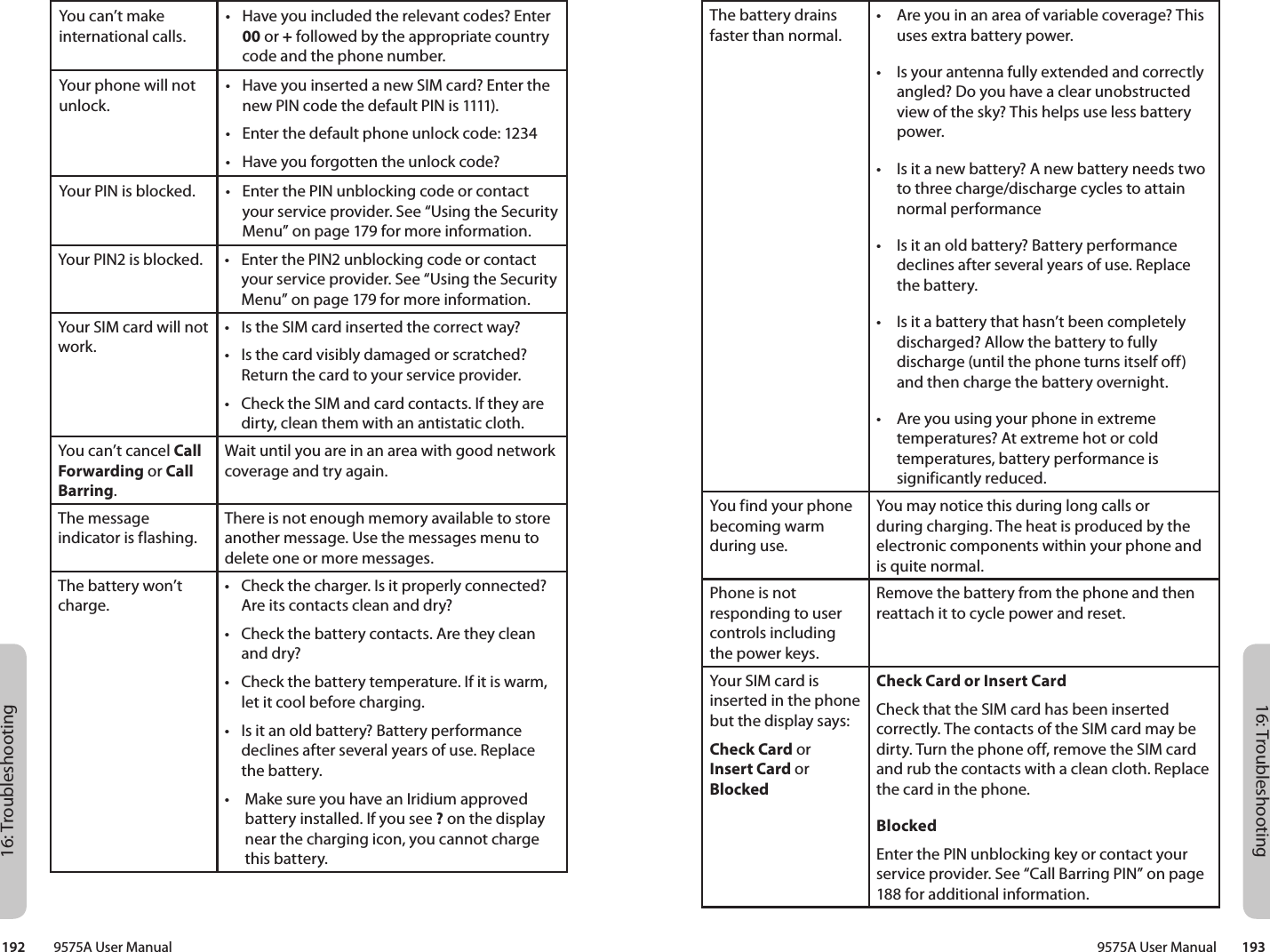 16: Troubleshooting16: Troubleshooting9575A User Manual        193192         9575A User ManualThe battery drains faster than normal.•  Are you in an area of variable coverage? This uses extra battery power.•  Is your antenna fully extended and correctly angled? Do you have a clear unobstructed view of the sky? This helps use less battery power.•  Is it a new battery? A new battery needs two to three charge/discharge cycles to attain normal performance•  Is it an old battery? Battery performance declines after several years of use. Replace the battery.•  Is it a battery that hasn’t been completely discharged? Allow the battery to fully discharge (until the phone turns itself off) and then charge the battery overnight.•  Are you using your phone in extreme temperatures? At extreme hot or cold temperatures, battery performance is significantly reduced.You find your phone becoming warm during use.You may notice this during long calls or during charging. The heat is produced by the electronic components within your phone and is quite normal.Phone is not responding to user controls including the power keys.Remove the battery from the phone and then reattach it to cycle power and reset.Your SIM card is inserted in the phone but the display says: Check Card or  Insert Card or BlockedCheck Card or Insert CardCheck that the SIM card has been inserted correctly. The contacts of the SIM card may be dirty. Turn the phone off, remove the SIM card and rub the contacts with a clean cloth. Replace the card in the phone.BlockedEnter the PIN unblocking key or contact your service provider. See “Call Barring PIN” on page 188 for additional information.You can’t make international calls.•  Have you included the relevant codes? Enter 00 or + followed by the appropriate country code and the phone number.Your phone will not unlock.•  Have you inserted a new SIM card? Enter the new PIN code the default PIN is 1111).•  Enter the default phone unlock code: 1234•  Have you forgotten the unlock code?Your PIN is blocked. •  Enter the PIN unblocking code or contact your service provider. See “Using the Security Menu” on page 179 for more information.Your PIN2 is blocked. •  Enter the PIN2 unblocking code or contact your service provider. See “Using the Security Menu” on page 179 for more information.Your SIM card will not work.•  Is the SIM card inserted the correct way?•  Is the card visibly damaged or scratched? Return the card to your service provider.•  Check the SIM and card contacts. If they are dirty, clean them with an antistatic cloth.You can’t cancel Call Forwarding or Call Barring.Wait until you are in an area with good network coverage and try again.The message indicator is flashing.There is not enough memory available to store another message. Use the messages menu to delete one or more messages.The battery won’t charge.•  Check the charger. Is it properly connected? Are its contacts clean and dry?•  Check the battery contacts. Are they clean and dry?•  Check the battery temperature. If it is warm, let it cool before charging.•  Is it an old battery? Battery performance declines after several years of use. Replace the battery.•  Make sure you have an Iridium approved battery installed. If you see ? on the display near the charging icon, you cannot charge this battery.