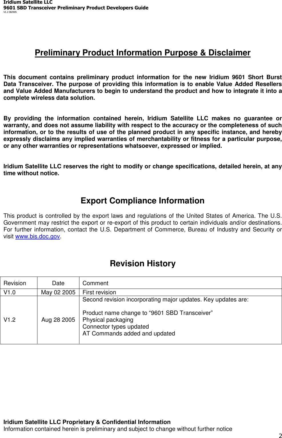 Iridium Satellite LLC9601 SBD Transceiver Preliminary Product Developers GuideV1.2 082905Iridium Satellite LLC Proprietary &amp; Confidential InformationInformation contained herein is preliminary and subject to change without further notice2Preliminary Product Information Purpose &amp; DisclaimerThis document contains preliminary product information for the new Iridium 9601 Short BurstData Transceiver. The purpose of providing this information is to enable Value Added Resellersand Value Added Manufacturers to begin to understand the product and how to integrate it into acomplete wireless data solution.By providing the information contained herein, Iridium Satellite LLC makes no guarantee orwarranty, and does not assume liability with respect to the accuracy or the completeness of suchinformation, or to the results of use of the planned product in any specific instance, and herebyexpressly disclaims any implied warranties of merchantability or fitness for a particular purpose,or any other warranties or representations whatsoever, expressed or implied.Iridium Satellite LLC reserves the right to modify or change specifications, detailed herein, at anytime without notice.Export Compliance InformationThis product is controlled by the export laws and regulations of the United States of America. The U.S.Government may restrict the export or re-export of this product to certain individuals and/or destinations.For further information, contact the U.S. Department of Commerce, Bureau of Industry and Security orvisit www.bis.doc.gov.Revision HistoryRevision Date CommentV1.0 May 02 2005 First revisionV1.2 Aug 28 2005Second revision incorporating major updates. Key updates are:Product name change to “9601 SBD Transceiver”Physical packagingConnector types updatedAT Commands added and updated