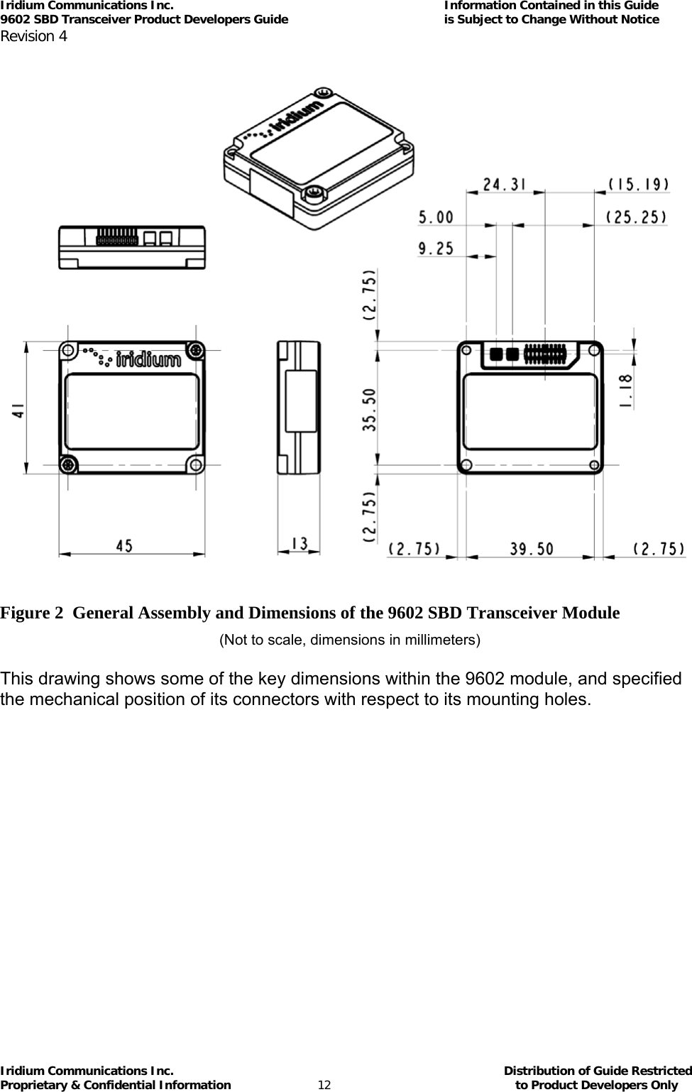 Iridium Communications Inc.                                      Information Contained in this Guide  9602 SBD Transceiver Product Developers Guide                                             is Subject to Change Without Notice  Revision 4 Iridium Communications Inc.                                           Distribution of Guide Restricted Proprietary &amp; Confidential Information                         12                                                  to Product Developers Only              Figure 2  General Assembly and Dimensions of the 9602 SBD Transceiver Module   (Not to scale, dimensions in millimeters)          This drawing shows some of the key dimensions within the 9602 module, and specified the mechanical position of its connectors with respect to its mounting holes.     