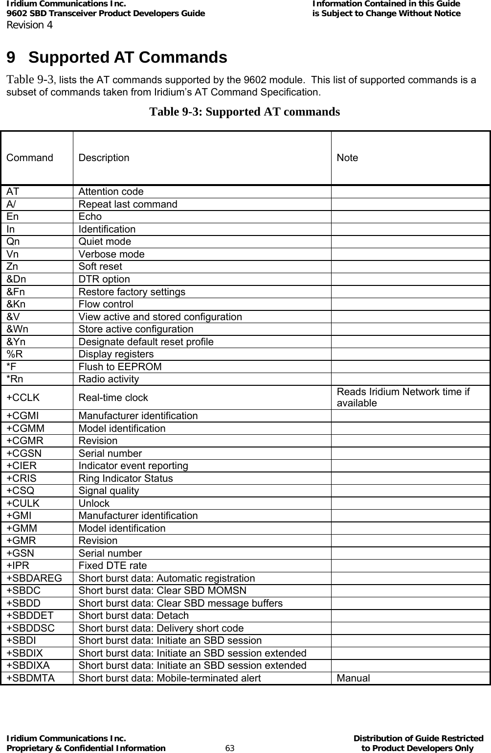 Iridium Communications Inc.                                      Information Contained in this Guide  9602 SBD Transceiver Product Developers Guide                                             is Subject to Change Without Notice  Revision 4 Iridium Communications Inc.                                           Distribution of Guide Restricted Proprietary &amp; Confidential Information                         63                                                  to Product Developers Only           9 Supported AT Commands Table 9-3, lists the AT commands supported by the 9602 module.  This list of supported commands is a subset of commands taken from Iridium’s AT Command Specification. Table 9-3: Supported AT commands  Command Description  Note AT Attention code   A/  Repeat last command   En Echo   In Identification   Qn Quiet mode   Vn Verbose mode   Zn Soft reset   &amp;Dn DTR option   &amp;Fn  Restore factory settings   &amp;Kn Flow control   &amp;V  View active and stored configuration   &amp;Wn  Store active configuration   &amp;Yn  Designate default reset profile   %R Display registers   *F  Flush to EEPROM   *Rn Radio activity   +CCLK Real-time clock  Reads Iridium Network time if available +CGMI Manufacturer identification   +CGMM Model identification   +CGMR Revision   +CGSN Serial number   +CIER  Indicator event reporting   +CRIS  Ring Indicator Status   +CSQ Signal quality   +CULK Unlock   +GMI Manufacturer identification   +GMM Model identification   +GMR Revision   +GSN Serial number   +IPR  Fixed DTE rate   +SBDAREG  Short burst data: Automatic registration   +SBDC  Short burst data: Clear SBD MOMSN   +SBDD  Short burst data: Clear SBD message buffers   +SBDDET  Short burst data: Detach   +SBDDSC  Short burst data: Delivery short code   +SBDI  Short burst data: Initiate an SBD session   +SBDIX  Short burst data: Initiate an SBD session extended   +SBDIXA  Short burst data: Initiate an SBD session extended   +SBDMTA  Short burst data: Mobile-terminated alert  Manual 