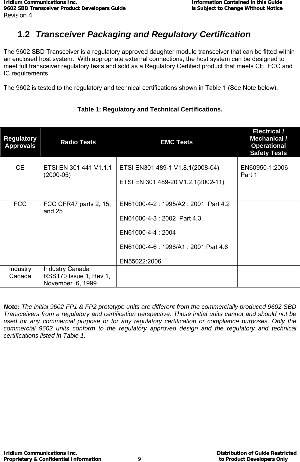 Iridium Communications Inc.                                      Information Contained in this Guide  9602 SBD Transceiver Product Developers Guide                                             is Subject to Change Without Notice  Revision 4 Iridium Communications Inc.                                           Distribution of Guide Restricted Proprietary &amp; Confidential Information                         9                                                  to Product Developers Only           1.2  Transceiver Packaging and Regulatory Certification   The 9602 SBD Transceiver is a regulatory approved daughter module transceiver that can be fitted within an enclosed host system.  With appropriate external connections, the host system can be designed to meet full transceiver regulatory tests and sold as a Regulatory Certified product that meets CE, FCC and IC requirements.  The 9602 is tested to the regulatory and technical certifications shown in Table 1 (See Note below).   Table 1: Regulatory and Technical Certifications.   Regulatory Approvals  Radio Tests  EMC Tests Electrical / Mechanical / Operational  Safety Tests  CE     ETSI EN 301 441 V1.1.1 (2000-05)                                                   ETSI EN301 489-1 V1.8.1(2008-04)              ETSI EN 301 489-20 V1.2.1(2002-11)            EN60950-1:2006   Part 1                  FCC  FCC CFR47 parts 2, 15, and 25                             EN61000-4-2 : 1995/A2 : 2001  Part 4.2      EN61000-4-3 : 2002  Part 4.3                      EN61000-4-4 : 2004                                  EN61000-4-6 : 1996/A1 : 2001 Part 4.6       EN55022:2006  Industry Canada Industry Canada RSS170 Issue 1, Rev 1, November  6, 1999         Note: The initial 9602 FP1 &amp; FP2 prototype units are different from the commercially produced 9602 SBD Transceivers from a regulatory and certification perspective. Those initial units cannot and should not be used for any commercial purpose or for any regulatory certification or compliance purposes. Only the commercial 9602 units conform to the regulatory approved design and the regulatory and technical certifications listed in Table 1. 