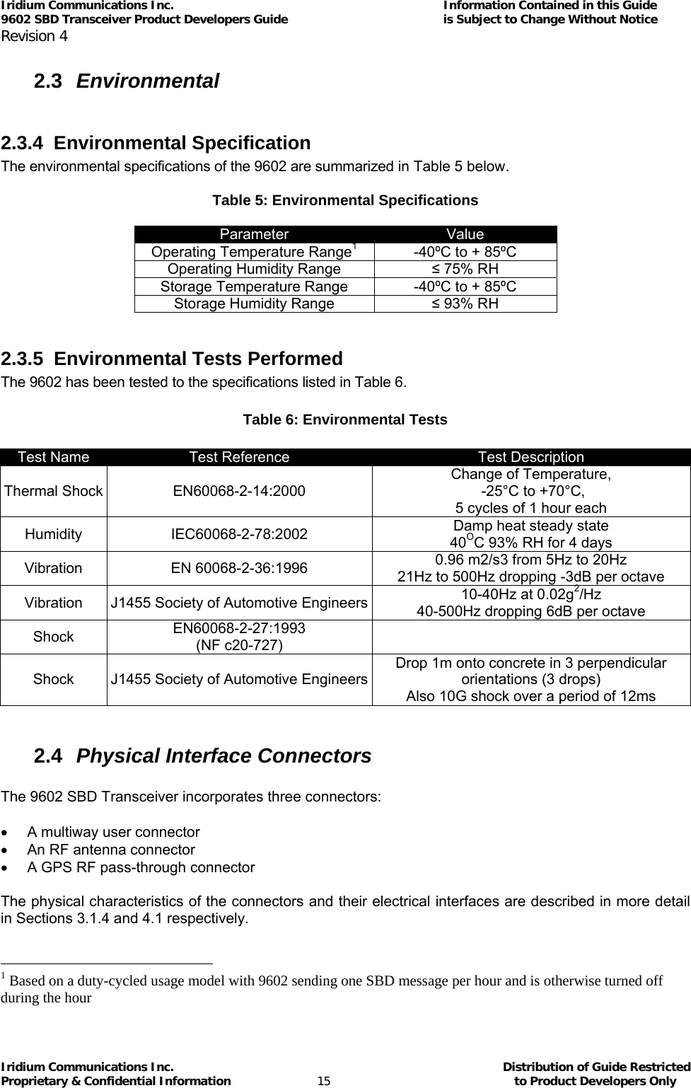 Iridium Communications Inc.                                      Information Contained in this Guide  9602 SBD Transceiver Product Developers Guide                                             is Subject to Change Without Notice  Revision 4 Iridium Communications Inc.                                           Distribution of Guide Restricted Proprietary &amp; Confidential Information                         15                                                  to Product Developers Only           2.3  Environmental  2.3.4 Environmental Specification The environmental specifications of the 9602 are summarized in Table 5 below.  Table 5: Environmental Specifications  Parameter  Value Operating Temperature Range1  -40ºC to + 85ºC Operating Humidity Range  ≤ 75% RH Storage Temperature Range  -40ºC to + 85ºC Storage Humidity Range  ≤ 93% RH  2.3.5  Environmental Tests Performed The 9602 has been tested to the specifications listed in Table 6.  Table 6: Environmental Tests  Test Name  Test Reference  Test Description Thermal Shock  EN60068-2-14:2000 Change of Temperature,  -25°C to +70°C,  5 cycles of 1 hour each Humidity IEC60068-2-78:2002  Damp heat steady state 40OC 93% RH for 4 days Vibration EN 60068-2-36:1996  0.96 m2/s3 from 5Hz to 20Hz 21Hz to 500Hz dropping -3dB per octave Vibration  J1455 Society of Automotive Engineers 10-40Hz at 0.02g2/Hz  40-500Hz dropping 6dB per octave Shock  EN60068-2-27:1993  (NF c20-727)   Shock  J1455 Society of Automotive EngineersDrop 1m onto concrete in 3 perpendicular orientations (3 drops) Also 10G shock over a period of 12ms  2.4  Physical Interface Connectors  The 9602 SBD Transceiver incorporates three connectors:   •  A multiway user connector •  An RF antenna connector •  A GPS RF pass-through connector  The physical characteristics of the connectors and their electrical interfaces are described in more detail in Sections  3.1.4 and  4.1 respectively.                                                   1 Based on a duty-cycled usage model with 9602 sending one SBD message per hour and is otherwise turned off during the hour 