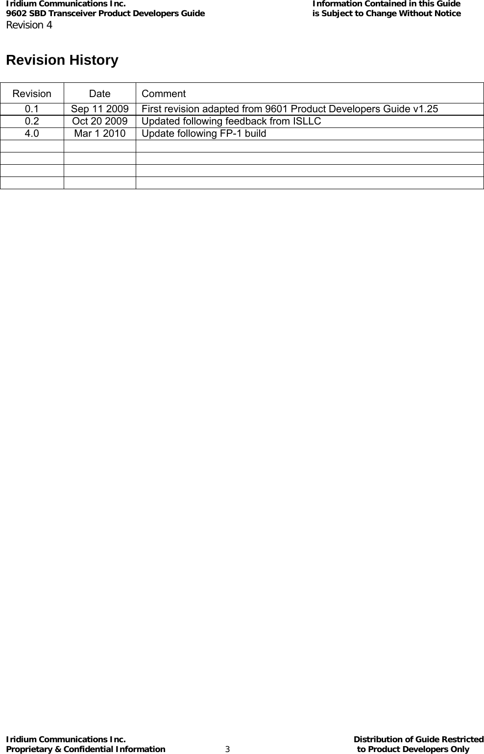 Iridium Communications Inc.                                      Information Contained in this Guide  9602 SBD Transceiver Product Developers Guide                                             is Subject to Change Without Notice  Revision 4 Iridium Communications Inc.                                           Distribution of Guide Restricted Proprietary &amp; Confidential Information                         3                                                  to Product Developers Only            Revision History  Revision Date Comment 0.1  Sep 11 2009  First revision adapted from 9601 Product Developers Guide v1.25 0.2  Oct 20 2009  Updated following feedback from ISLLC 4.0  Mar 1 2010  Update following FP-1 build             