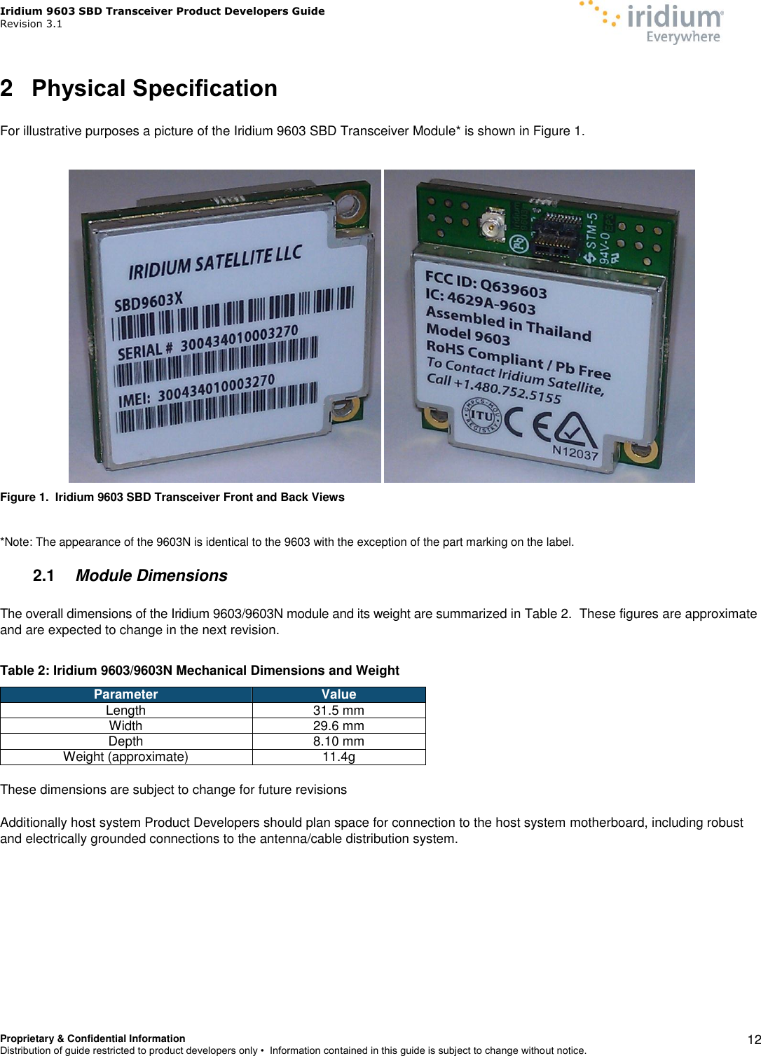 Iridium 9603 SBD Transceiver Product Developers Guide                                                Revision 3.1 Proprietary &amp; Confidential Information Distribution of guide restricted to product developers only •  Information contained in this guide is subject to change without notice.    12 2  Physical Specification  For illustrative purposes a picture of the Iridium 9603 SBD Transceiver Module* is shown in Figure 1.    Figure 1.  Iridium 9603 SBD Transceiver Front and Back Views  *Note: The appearance of the 9603N is identical to the 9603 with the exception of the part marking on the label. 2.1  Module Dimensions  The overall dimensions of the Iridium 9603/9603N module and its weight are summarized in Table 2.  These figures are approximate and are expected to change in the next revision.    Table 2: Iridium 9603/9603N Mechanical Dimensions and Weight Parameter Value Length 31.5 mm Width 29.6 mm  Depth 8.10 mm Weight (approximate) 11.4g  These dimensions are subject to change for future revisions   Additionally host system Product Developers should plan space for connection to the host system motherboard, including robust and electrically grounded connections to the antenna/cable distribution system.  