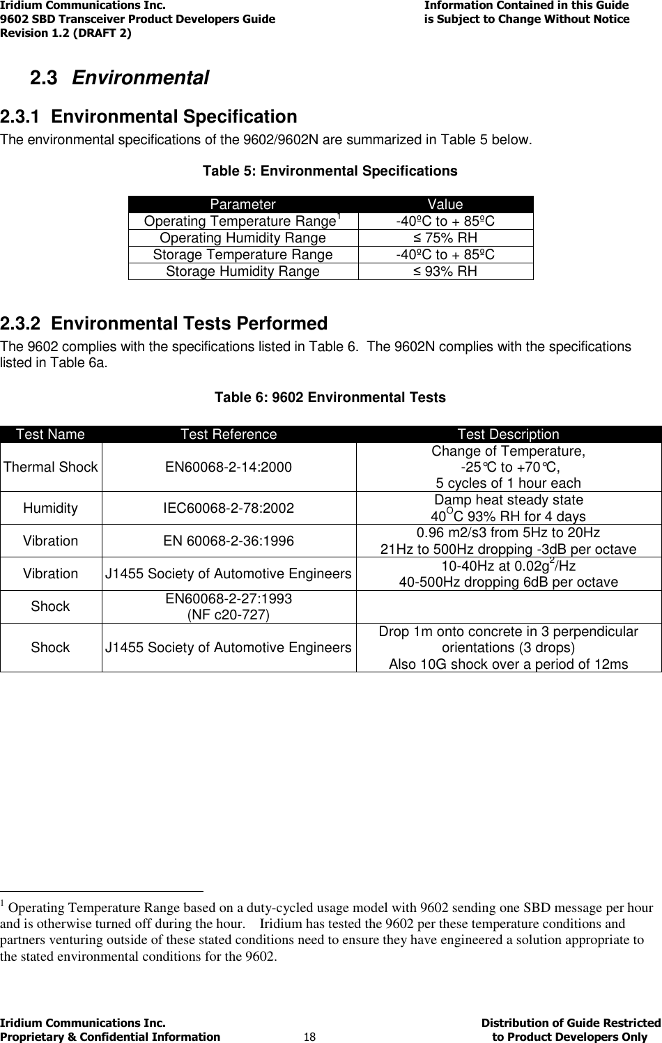 Iridium Communications Inc.                                      Information Contained in this Guide  9602 SBD Transceiver Product Developers Guide                                             is Subject to Change Without Notice  Revision 1.2 (DRAFT 2) Iridium Communications Inc.                                           Distribution of Guide Restricted Proprietary &amp; Confidential Information                         18                                                  to Product Developers Only           2.3  Environmental 2.3.1  Environmental Specification The environmental specifications of the 9602/9602N are summarized in Table 5 below.  Table 5: Environmental Specifications  Parameter  Value Operating Temperature Range1  -40ºC to + 85ºC Operating Humidity Range  ≤ 75% RH Storage Temperature Range  -40ºC to + 85ºC Storage Humidity Range  ≤ 93% RH  2.3.2  Environmental Tests Performed The 9602 complies with the specifications listed in Table 6.  The 9602N complies with the specifications listed in Table 6a.  Table 6: 9602 Environmental Tests  Test Name Test Reference Test Description Thermal Shock EN60068-2-14:2000  Change of Temperature,  -25°C to +70°C,  5 cycles of 1 hour each Humidity  IEC60068-2-78:2002  Damp heat steady state 40OC 93% RH for 4 days Vibration  EN 60068-2-36:1996  0.96 m2/s3 from 5Hz to 20Hz 21Hz to 500Hz dropping -3dB per octave Vibration  J1455 Society of Automotive Engineers 10-40Hz at 0.02g2/Hz  40-500Hz dropping 6dB per octave Shock  EN60068-2-27:1993  (NF c20-727)   Shock  J1455 Society of Automotive Engineers Drop 1m onto concrete in 3 perpendicular orientations (3 drops) Also 10G shock over a period of 12ms                                                            1 Operating Temperature Range based on a duty-cycled usage model with 9602 sending one SBD message per hour and is otherwise turned off during the hour.    Iridium has tested the 9602 per these temperature conditions and partners venturing outside of these stated conditions need to ensure they have engineered a solution appropriate to the stated environmental conditions for the 9602. 