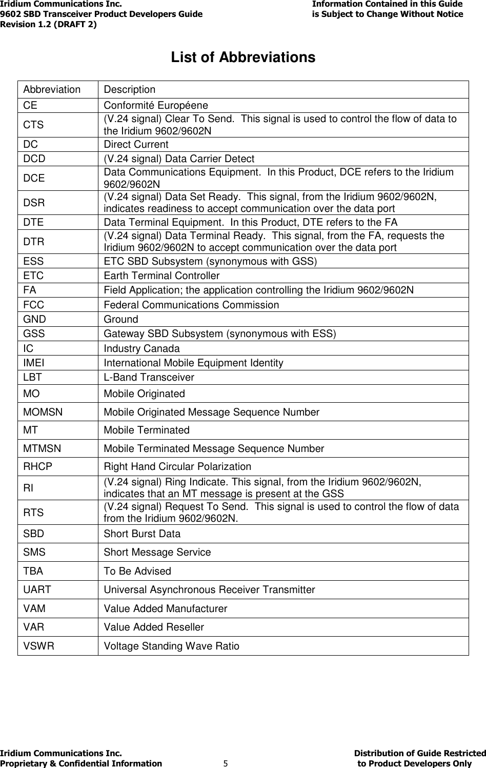 Iridium Communications Inc.                                      Information Contained in this Guide  9602 SBD Transceiver Product Developers Guide                                             is Subject to Change Without Notice  Revision 1.2 (DRAFT 2) Iridium Communications Inc.                                           Distribution of Guide Restricted Proprietary &amp; Confidential Information                         5                                                  to Product Developers Only           List of Abbreviations  Abbreviation  Description CE  Conformité Européene CTS  (V.24 signal) Clear To Send.  This signal is used to control the flow of data to the Iridium 9602/9602N DC  Direct Current DCD  (V.24 signal) Data Carrier Detect DCE  Data Communications Equipment.  In this Product, DCE refers to the Iridium 9602/9602N DSR  (V.24 signal) Data Set Ready.  This signal, from the Iridium 9602/9602N, indicates readiness to accept communication over the data port DTE  Data Terminal Equipment.  In this Product, DTE refers to the FA DTR  (V.24 signal) Data Terminal Ready.  This signal, from the FA, requests the Iridium 9602/9602N to accept communication over the data port ESS  ETC SBD Subsystem (synonymous with GSS) ETC  Earth Terminal Controller FA  Field Application; the application controlling the Iridium 9602/9602N FCC  Federal Communications Commission GND  Ground GSS  Gateway SBD Subsystem (synonymous with ESS) IC  Industry Canada IMEI  International Mobile Equipment Identity LBT  L-Band Transceiver MO  Mobile Originated MOMSN  Mobile Originated Message Sequence Number MT  Mobile Terminated MTMSN  Mobile Terminated Message Sequence Number RHCP  Right Hand Circular Polarization  RI  (V.24 signal) Ring Indicate. This signal, from the Iridium 9602/9602N, indicates that an MT message is present at the GSS RTS  (V.24 signal) Request To Send.  This signal is used to control the flow of data from the Iridium 9602/9602N. SBD  Short Burst Data SMS  Short Message Service TBA  To Be Advised UART  Universal Asynchronous Receiver Transmitter VAM  Value Added Manufacturer VAR  Value Added Reseller VSWR  Voltage Standing Wave Ratio   