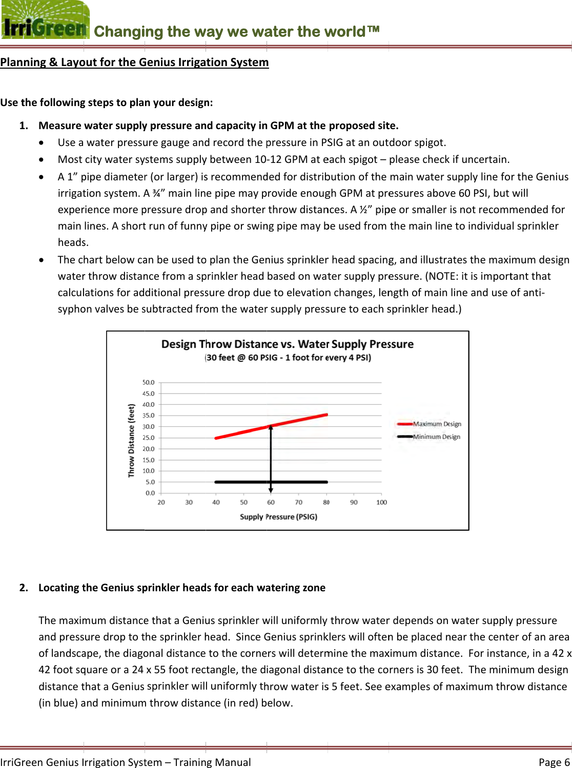 IrriGrPlanUset12reenGeniusIning&amp;Layothefollowing1. Measure Usea Most A1”pirrigatexpermainheads Thecwatercalculsypho2. LocatingtThemaximandpressoflandsca42footsqdistancet(inblue)arrigationSystChangioutfortheGgstepstoplawatersupplywaterpressucitywatersypipediametertionsystem.Ariencemoreplines.Ashorts.hartbelowcarthrowdistanlationsforadonvalvesbestheGeniusspmumdistancesuredroptotape,thediagoquareora24thataGeniusandminimumtem–Traininng the wGeniusIrriganyourdesignypressureanuregaugeandystemssupplyr(orlarger)isA¾”mainlinpressuredroptrunoffunnyanbeusedtoncefromaspditionalpresssubtractedfroprinklerheadethataGeniuhesprinklerhonaldistancex55footrecsprinklerwilmthrowdistangManualway we wationSystemn:ndcapacityindrecordthepybetween10srecommendepipemayppandshorterypipeorswinoplantheGenprinklerheadsuredropdueomthewaterdsforeachwaussprinklerwhead.SinceGtothecornetangle,thedluniformlythnce(inred)bater the wmnGPMatthepressureinPS‐12GPMatededfordistribrovideenougthrowdistanngpipemaybniussprinklerbasedonwatetoelevationrsupplypressateringzonewilluniformlyGeniussprinkrswilldetermiagonaldistanhrowwateriselow.world™ proposedsitSIGatanouteachspigot–butionoftheghGPMatprences.A½”pipbeusedfromrheadspacingtersupplyprenchanges,lensuretoeachsthrowwaterklerswilloftenminethemaxncetothecos5feet.Seeete.doorspigot.pleasecheckmainwatersessuresabovpeorsmallerthemainlineg,andillustraessure.(NOTngthofmainsprinklerheadrdependsonnbeplacednximumdistancrnersis30feexamplesofmifuncertain.supplylinefoe60PSI,butisnotrecommetoindividuaatesthemaxiE:itisimportlineandused.)watersupplynearthecentece.Forinstaneet.TheminimmaximumthroPage6rtheGeniuswillmendedforlsprinklermumdesigntantthatofanti‐ypressureerofanareance,ina42xmumdesignowdistance