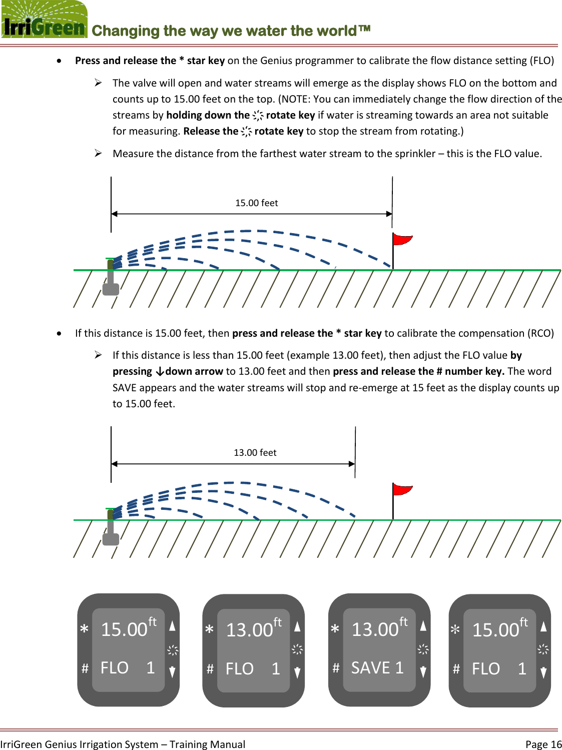    IrriGreen Genius Irrigation System – Training Manual     Page 16  Changing the way we water the world™ 15.00ft FLO    1 # * 13.00ft FLO    1 # * 13.00ft SAVE 1 # * 15.00ft FLO    1 # * ҉ ҉ ҉ ҉  Press and release the * star key on the Genius programmer to calibrate the flow distance setting (FLO)  The valve will open and water streams will emerge as the display shows FLO on the bottom and counts up to 15.00 feet on the top. (NOTE: You can immediately change the flow direction of the streams by holding down the ҉ rotate key if water is streaming towards an area not suitable for measuring. Release the ҉ rotate key to stop the stream from rotating.)  Measure the distance from the farthest water stream to the sprinkler – this is the FLO value.          If this distance is 15.00 feet, then press and release the * star key to calibrate the compensation (RCO)  If this distance is less than 15.00 feet (example 13.00 feet), then adjust the FLO value by pressing ↓down arrow to 13.00 feet and then press and release the # number key. The word SAVE appears and the water streams will stop and re-emerge at 15 feet as the display counts up to 15.00 feet.                     15.00 feet      13.00 feet 