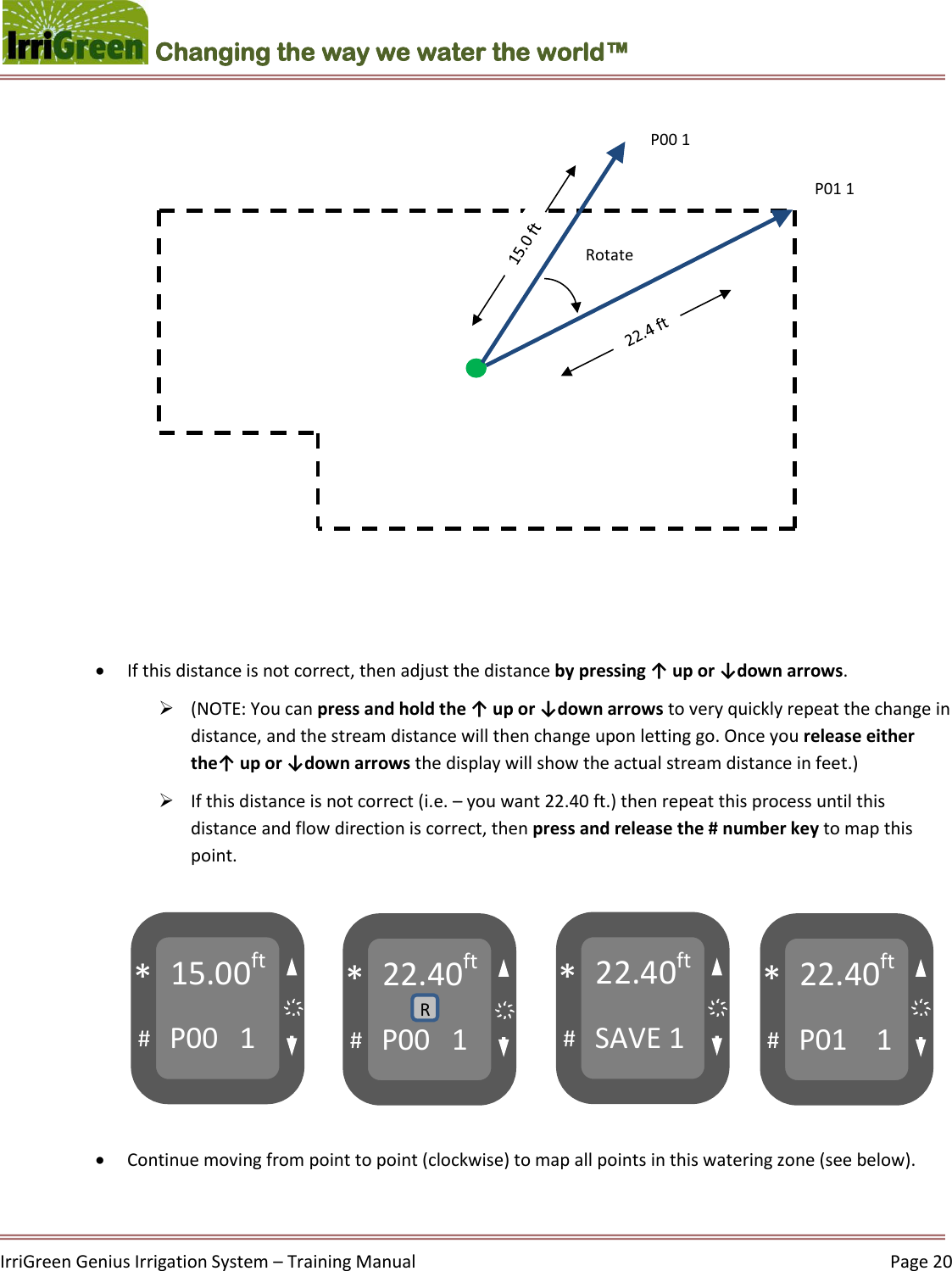    IrriGreen Genius Irrigation System – Training Manual     Page 20  Changing the way we water the world™                 If this distance is not correct, then adjust the distance by pressing ↑ up or ↓down arrows.   (NOTE: You can press and hold the ↑ up or ↓down arrows to very quickly repeat the change in distance, and the stream distance will then change upon letting go. Once you release either the↑ up or ↓down arrows the display will show the actual stream distance in feet.)  If this distance is not correct (i.e. – you want 22.40 ft.) then repeat this process until this distance and flow direction is correct, then press and release the # number key to map this point.          Continue moving from point to point (clockwise) to map all points in this watering zone (see below).  15.00ft P00   1 # * 22.40ft P00   1 # * 22.40ft SAVE 1 # * 22.40ft P01    1 # * R ҉ ҉ ҉ ҉ Rotate P01 1 P00 1 