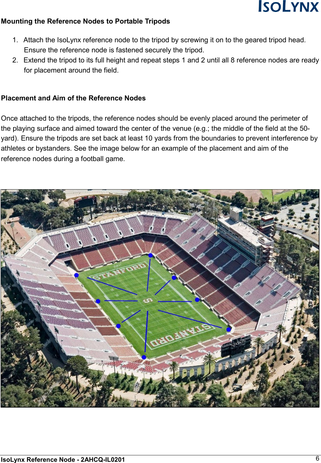  IsoLynx Reference Node - 2AHCQ-IL0201    6 Mounting the Reference Nodes to Portable Tripods  1.  Attach the IsoLynx reference node to the tripod by screwing it on to the geared tripod head. Ensure the reference node is fastened securely the tripod. 2.  Extend the tripod to its full height and repeat steps 1 and 2 until all 8 reference nodes are ready for placement around the field.  Placement and Aim of the Reference Nodes  Once attached to the tripods, the reference nodes should be evenly placed around the perimeter of the playing surface and aimed toward the center of the venue (e.g.; the middle of the field at the 50-yard). Ensure the tripods are set back at least 10 yards from the boundaries to prevent interference by athletes or bystanders. See the image below for an example of the placement and aim of the reference nodes during a football game.      