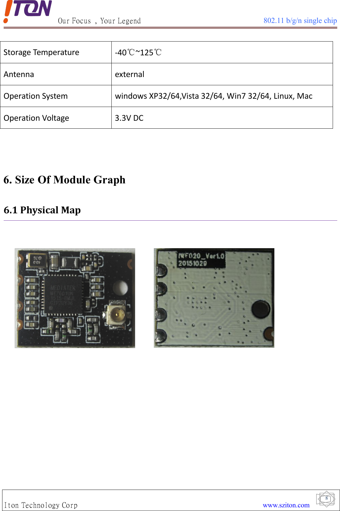 Our Focus , Your Legend 802.11 b/g/n single chipIton Technology Corp www.sziton.com8Storage Temperature -40℃~125℃Antenna externalOperation System windows XP32/64,Vista 32/64, Win7 32/64, Linux, MacOperation Voltage 3.3V DC6. Size Of Module Graph6.1 Physical Map