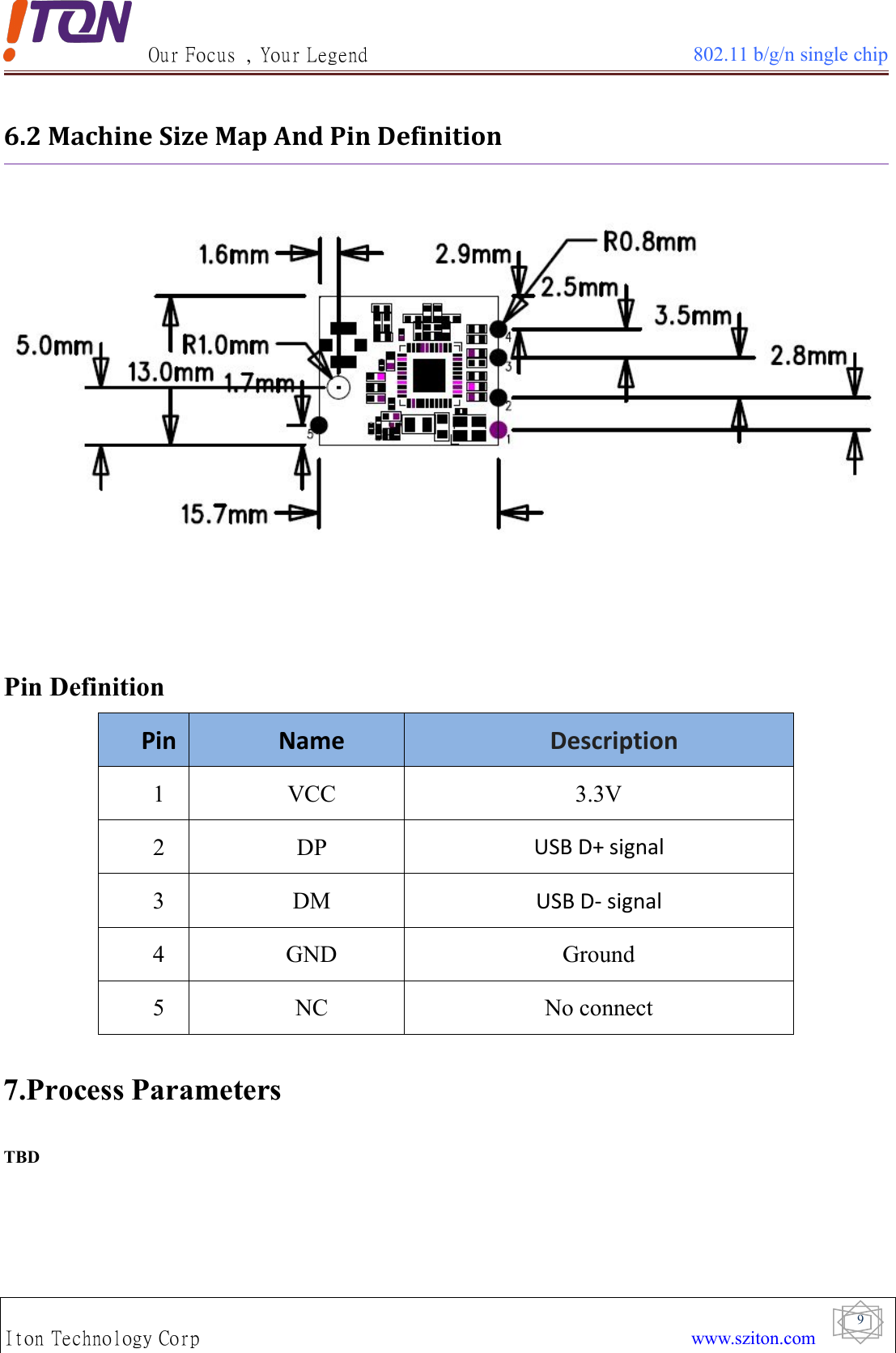 Our Focus , Your Legend 802.11 b/g/n single chipIton Technology Corp www.sziton.com96.2 Machine Size Map And Pin DefinitionPin DefinitionPin Name Description1 VCC 3.3V2 DP USB D+ signal3 DM USB D- signal4 GND Ground5 NC No connect7.Process ParametersTBD