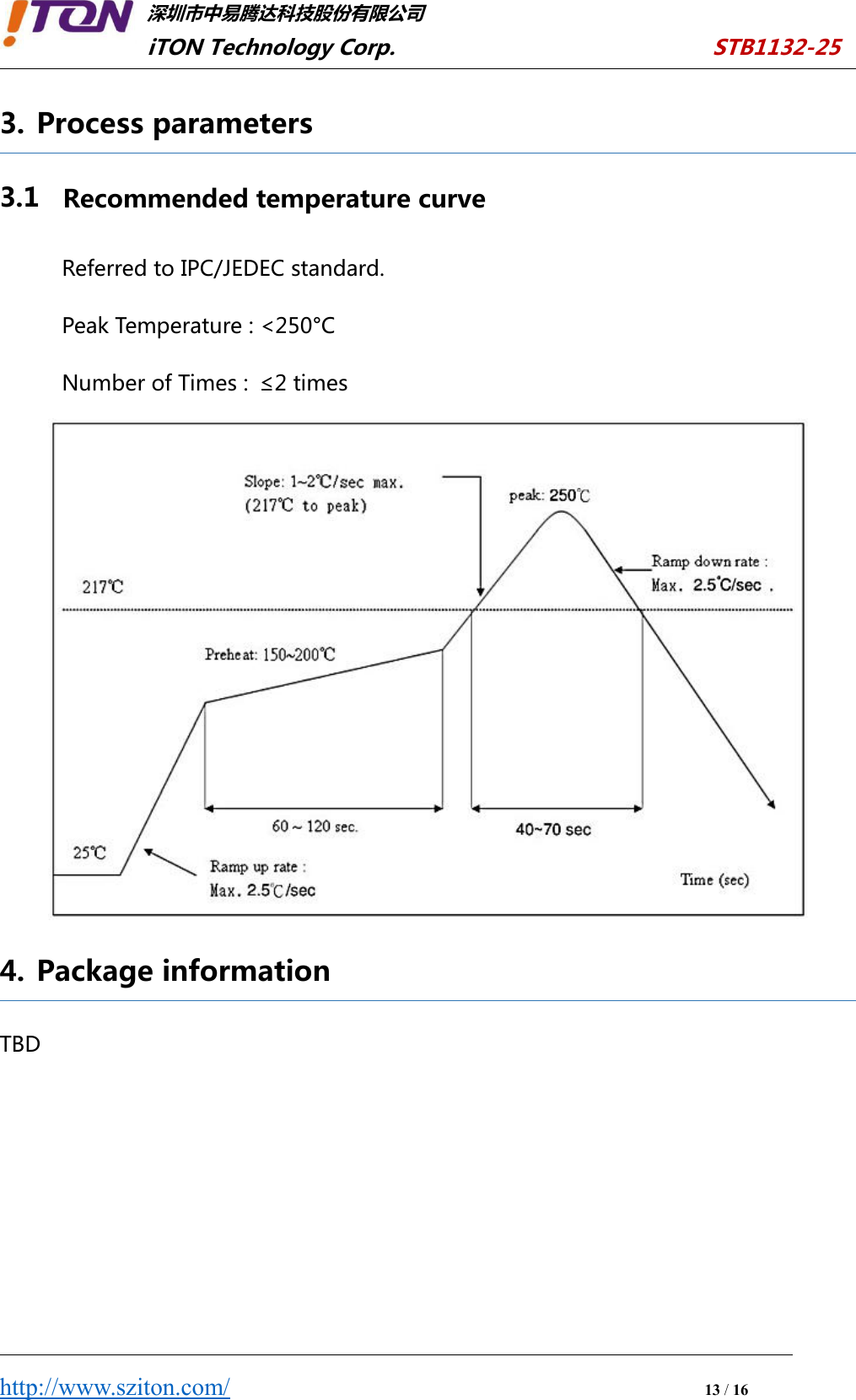 深圳市中易腾达科技股份有限公司iTON Technology Corp. STB1132-25http://www.sziton.com/13/163. Process parameters3.1 Recommended temperature curveReferred to IPC/JEDEC standard.Peak Temperature : &lt;250°CNumber of Times : ≤2 times4. Package informationTBD