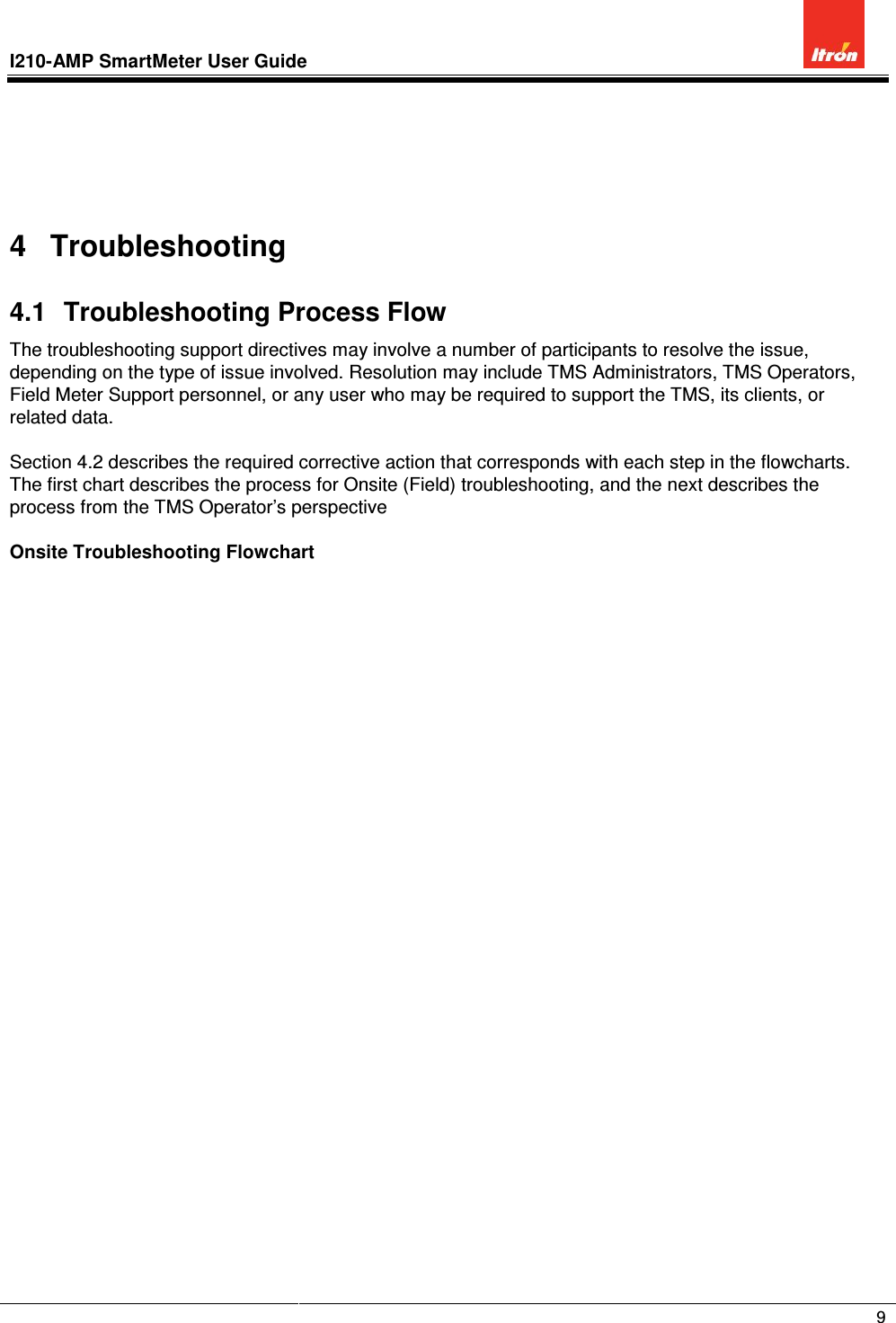 I210-AMP SmartMeter User Guide               9      4  Troubleshooting 4.1  Troubleshooting Process Flow The troubleshooting support directives may involve a number of participants to resolve the issue, depending on the type of issue involved. Resolution may include TMS Administrators, TMS Operators, Field Meter Support personnel, or any user who may be required to support the TMS, its clients, or related data.  Section 4.2 describes the required corrective action that corresponds with each step in the flowcharts.  The first chart describes the process for Onsite (Field) troubleshooting, and the next describes the process from the TMS Operator’s perspective  Onsite Troubleshooting Flowchart 
