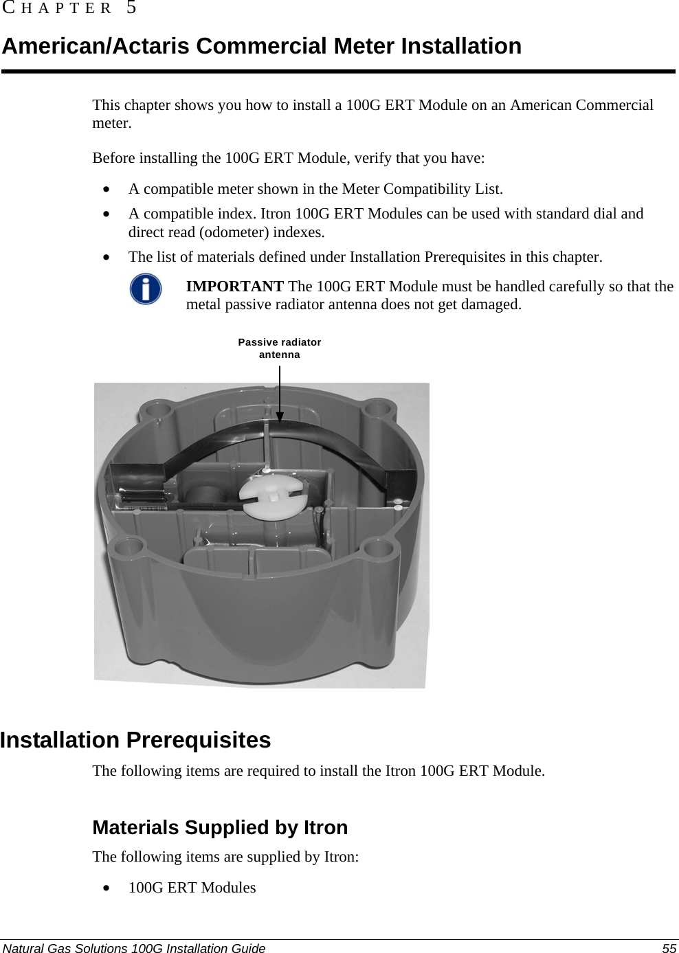  CHAPTER 5 American/Actaris Commercial Meter Installation This chapter shows you how to install a 100G ERT Module on an American Commercial meter. Before installing the 100G ERT Module, verify that you have: • A compatible meter shown in the Meter Compatibility List. • A compatible index. Itron 100G ERT Modules can be used with standard dial and direct read (odometer) indexes. • The list of materials defined under Installation Prerequisites in this chapter.  IMPORTANT The 100G ERT Module must be handled carefully so that the metal passive radiator antenna does not get damaged. Passive radiator antenna  Installation Prerequisites The following items are required to install the Itron 100G ERT Module.  Materials Supplied by Itron The following items are supplied by Itron: • 100G ERT Modules Natural Gas Solutions 100G Installation Guide  55  