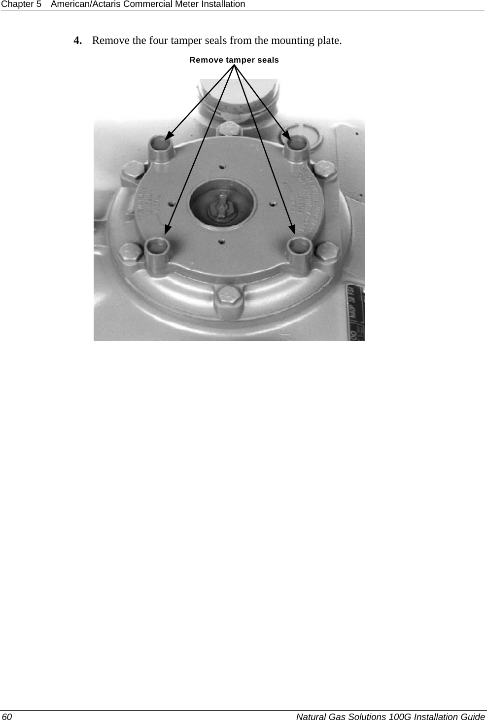 Chapter 5  American/Actaris Commercial Meter Installation  4. Remove the four tamper seals from the mounting plate. Remove tamper seals 60  Natural Gas Solutions 100G Installation Guide  