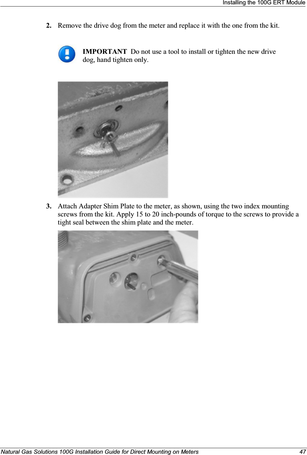 Installing the 100G ERT ModuleNatural Gas Solutions 100G Installation Guide for Direct Mounting on Meters 472. Remove the drive dog from the meter and replace it with the one from the kit.IMPORTANT  Do not use a tool to install or tighten the new drive dog, hand tighten only. 3. Attach Adapter Shim Plate to the meter, as shown, using the two index mounting screws from the kit. Apply 15 to 20 inch-pounds of torque to the screws to provide a tight seal between the shim plate and the meter.