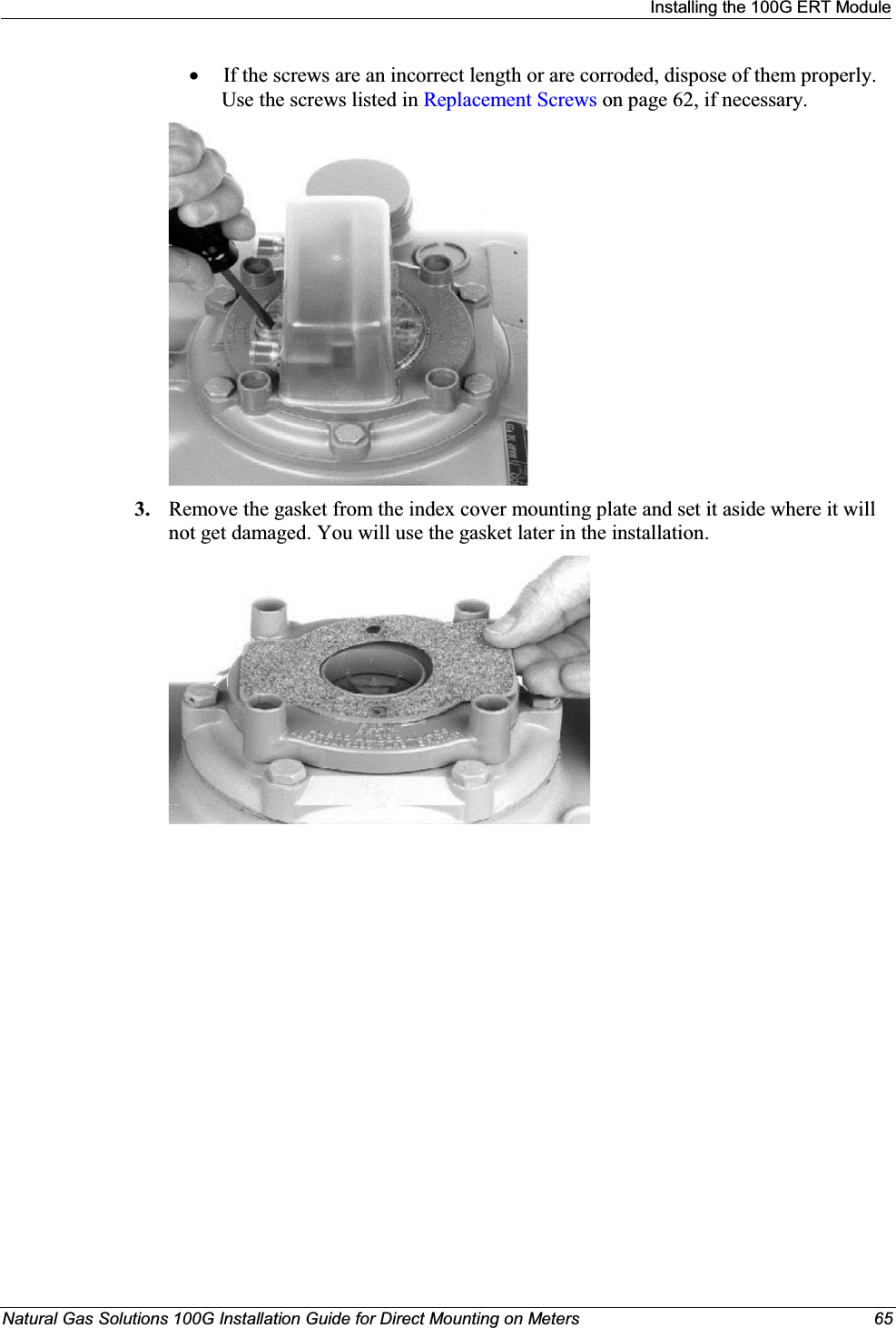 Installing the100G ERT ModuleNatural Gas Solutions 100G Installation Guide for Direct Mounting on Meters 65xIf the screws are an incorrect length or are corroded, dispose of them properly. Use the screws listed in Replacement Screws on page 62, if necessary.3. Remove the gasket from the index cover mounting plate and set it aside where it will not get damaged. You will use the gasket later in the installation.
