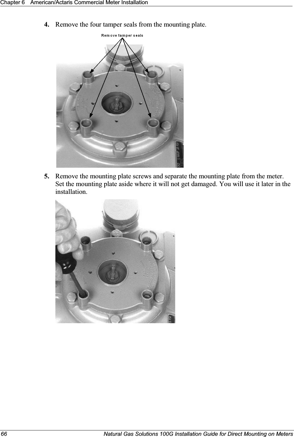 Chapter 6 American/Actaris Commercial Meter Installation66 Natural Gas Solutions 100G Installation Guide for Direct Mounting on Meters4. Remove the four tamper seals from the mounting plate. 5. Remove the mounting plate screws and separate the mounting plate from the meter. Set the mounting plate aside where it will not get damaged. You will use it later in the installation.