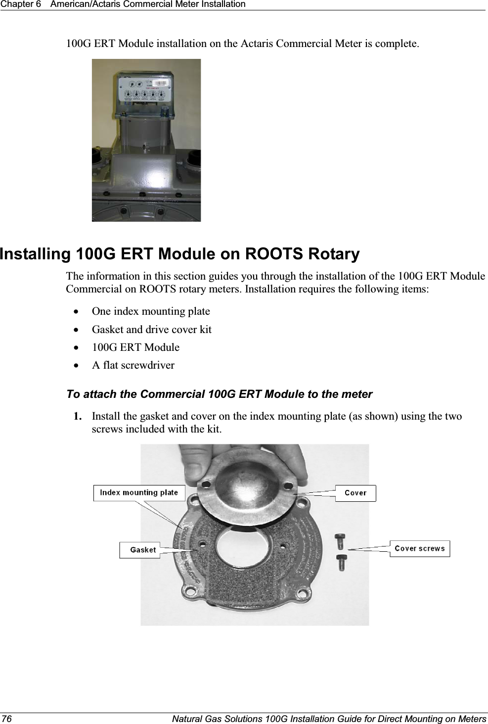 Chapter 6 American/Actaris Commercial Meter Installation76 Natural Gas Solutions 100G Installation Guide for Direct Mounting on Meters100G ERT Module installation on the Actaris Commercial Meter is complete. Installing 100G ERT Module on ROOTS Rotary The information in this section guides you through the installation of the 100G ERT Module Commercial on ROOTS rotary meters. Installation requires the following items:xOne index mounting plate xGasket and drive cover kitx100G ERT ModulexA flat screwdriverTo attach the Commercial 100G ERT Module to the meter1. Install the gasket and cover on the index mounting plate (as shown) using the two screws included with the kit.