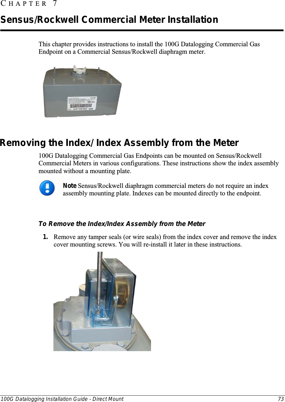  100G Datalogging Installation Guide - Direct Mount 73  This chapter provides instructions to install the 100G Datalogging Commercial Gas Endpoint on a Commercial Sensus/Rockwell diaphragm meter.   Removing the Index/ Index Assembly from the Meter 100G Datalogging Commercial Gas Endpoints can be mounted on Sensus/Rockwell Commercial Meters in various configurations. These instructions show the index assembly mounted without a mounting plate.  Note Sensus/Rockwell diaphragm commercial meters do not require an index assembly mounting plate. Indexes can be mounted directly to the endpoint.     To Remove the Index/Index Assembly from the Meter 1. Remove any tamper seals (or wire seals) from the index cover and remove the index cover mounting screws. You will re-install it later in these instructions.  CHAPTER  7  Sensus/Rockwell Commercial Meter Installation 