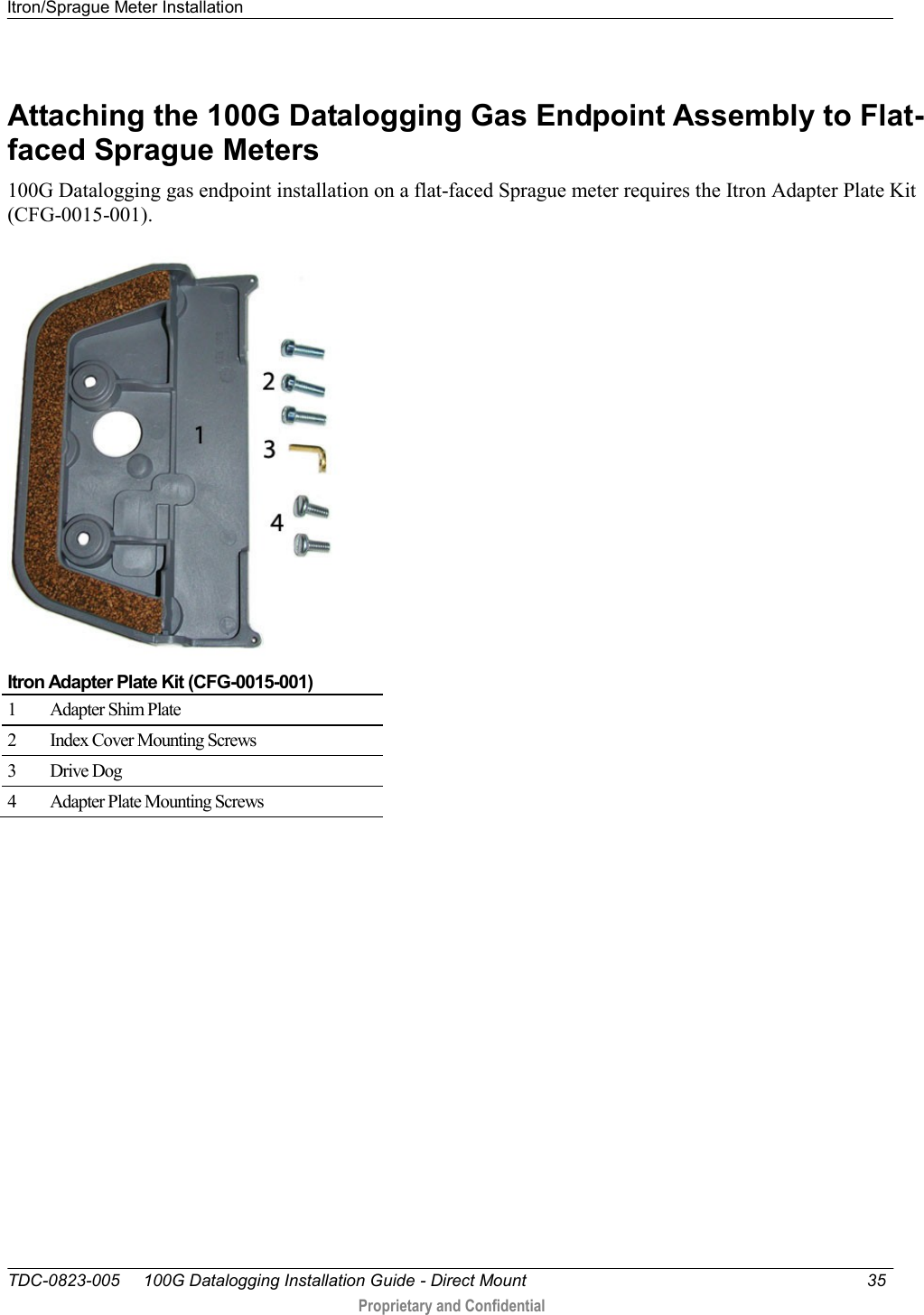 Itron/Sprague Meter Installation   TDC-0823-005     100G Datalogging Installation Guide - Direct Mount  35   Proprietary and Confidential     Attaching the 100G Datalogging Gas Endpoint Assembly to Flat-faced Sprague Meters 100G Datalogging gas endpoint installation on a flat-faced Sprague meter requires the Itron Adapter Plate Kit (CFG-0015-001).   Itron Adapter Plate Kit (CFG-0015-001) 1 Adapter Shim Plate 2 Index Cover Mounting Screws 3 Drive Dog 4 Adapter Plate Mounting Screws    