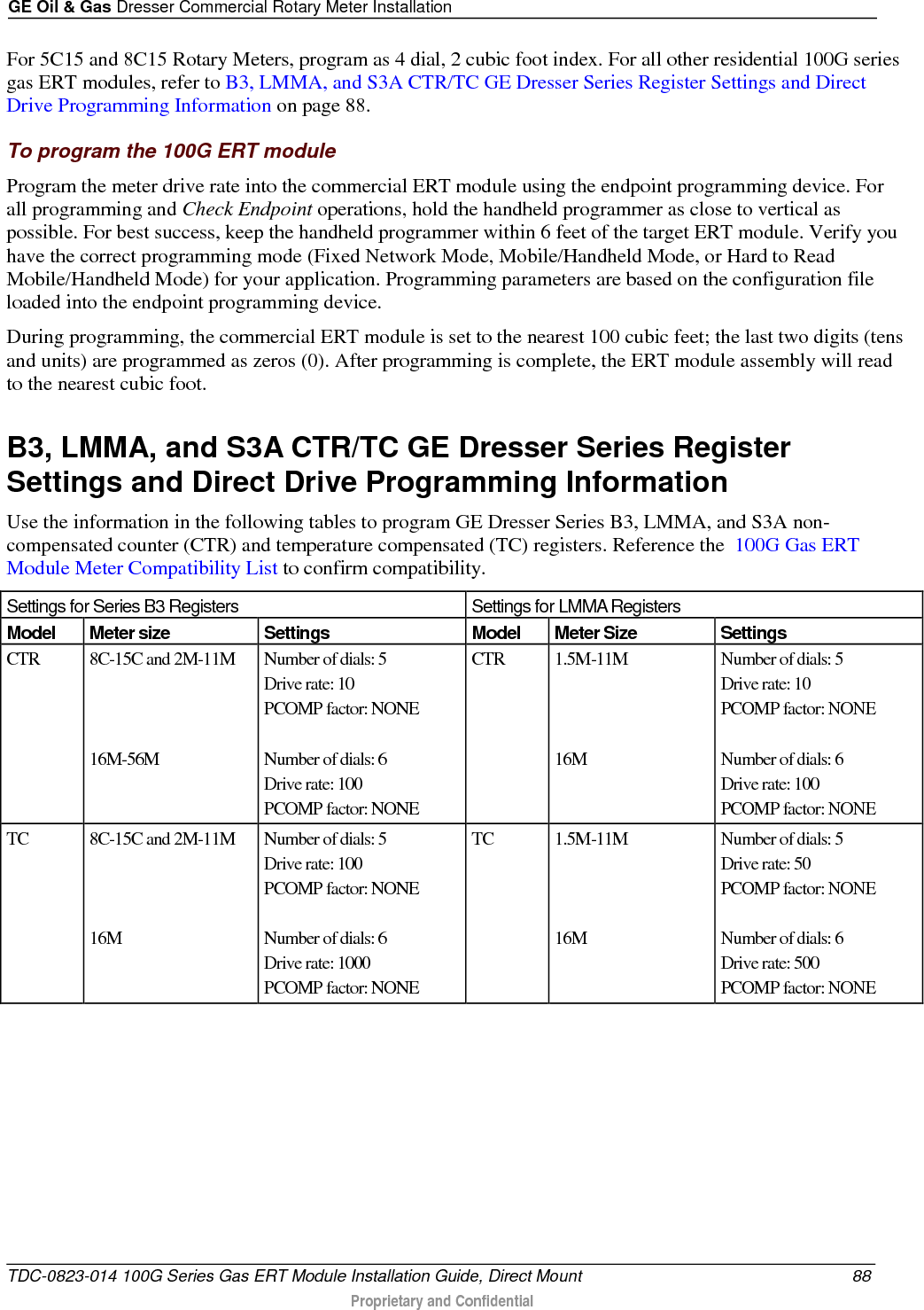 GE Oil &amp; Gas Dresser Commercial Rotary Meter Installation  For 5C15 and 8C15 Rotary Meters, program as 4 dial, 2 cubic foot index. For all other residential 100G series gas ERT modules, refer to B3, LMMA, and S3A CTR/TC GE Dresser Series Register Settings and Direct Drive Programming Information on page 88. To program the 100G ERT module Program the meter drive rate into the commercial ERT module using the endpoint programming device. For all programming and Check Endpoint operations, hold the handheld programmer as close to vertical as possible. For best success, keep the handheld programmer within 6 feet of the target ERT module. Verify you have the correct programming mode (Fixed Network Mode, Mobile/Handheld Mode, or Hard to Read Mobile/Handheld Mode) for your application. Programming parameters are based on the configuration file loaded into the endpoint programming device. During programming, the commercial ERT module is set to the nearest 100 cubic feet; the last two digits (tens and units) are programmed as zeros (0). After programming is complete, the ERT module assembly will read to the nearest cubic foot.   B3, LMMA, and S3A CTR/TC GE Dresser Series Register Settings and Direct Drive Programming Information Use the information in the following tables to program GE Dresser Series B3, LMMA, and S3A non-compensated counter (CTR) and temperature compensated (TC) registers. Reference the  100G Gas ERT Module Meter Compatibility List to confirm compatibility. Settings for Series B3 Registers Settings for LMMA Registers Model Meter size Settings Model Meter Size Settings CTR 8C-15C and 2M-11M    16M-56M Number of dials: 5 Drive rate: 10 PCOMP factor: NONE  Number of dials: 6 Drive rate: 100 PCOMP factor: NONE CTR 1.5M-11M    16M Number of dials: 5 Drive rate: 10 PCOMP factor: NONE  Number of dials: 6 Drive rate: 100 PCOMP factor: NONE TC 8C-15C and 2M-11M    16M  Number of dials: 5 Drive rate: 100 PCOMP factor: NONE  Number of dials: 6 Drive rate: 1000 PCOMP factor: NONE TC 1.5M-11M    16M Number of dials: 5 Drive rate: 50 PCOMP factor: NONE  Number of dials: 6 Drive rate: 500 PCOMP factor: NONE  TDC-0823-014 100G Series Gas ERT Module Installation Guide, Direct Mount 88  Proprietary and Confidential    