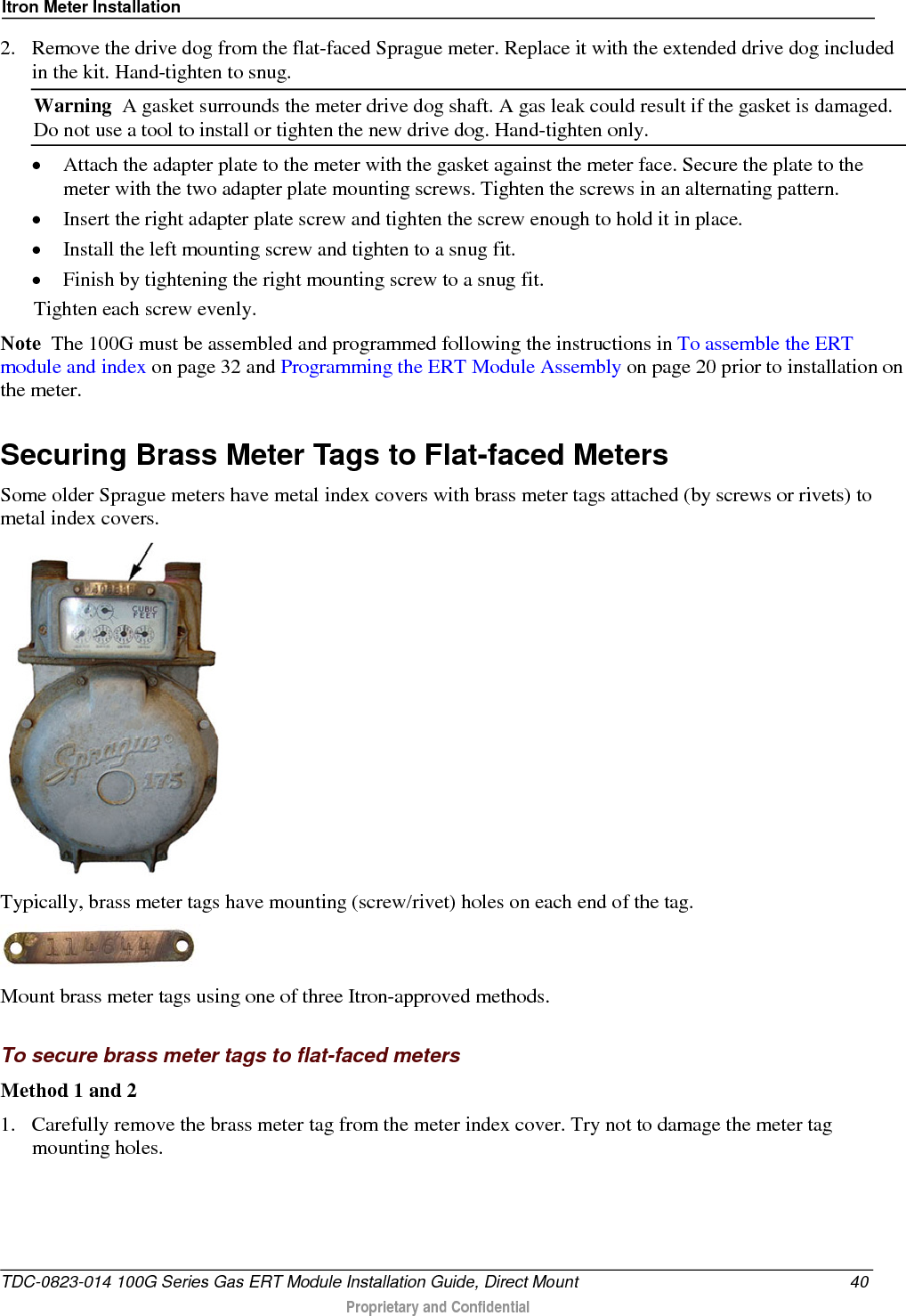 Itron Meter Installation  2. Remove the drive dog from the flat-faced Sprague meter. Replace it with the extended drive dog included in the kit. Hand-tighten to snug. Warning  A gasket surrounds the meter drive dog shaft. A gas leak could result if the gasket is damaged. Do not use a tool to install or tighten the new drive dog. Hand-tighten only. • Attach the adapter plate to the meter with the gasket against the meter face. Secure the plate to the meter with the two adapter plate mounting screws. Tighten the screws in an alternating pattern. • Insert the right adapter plate screw and tighten the screw enough to hold it in place.  • Install the left mounting screw and tighten to a snug fit.  • Finish by tightening the right mounting screw to a snug fit.  Tighten each screw evenly. Note  The 100G must be assembled and programmed following the instructions in To assemble the ERT module and index on page 32 and Programming the ERT Module Assembly on page 20 prior to installation on the meter.  Securing Brass Meter Tags to Flat-faced Meters Some older Sprague meters have metal index covers with brass meter tags attached (by screws or rivets) to metal index covers.   Typically, brass meter tags have mounting (screw/rivet) holes on each end of the tag.  Mount brass meter tags using one of three Itron-approved methods.  To secure brass meter tags to flat-faced meters Method 1 and 2  1. Carefully remove the brass meter tag from the meter index cover. Try not to damage the meter tag mounting holes.  TDC-0823-014 100G Series Gas ERT Module Installation Guide, Direct Mount 40  Proprietary and Confidential    