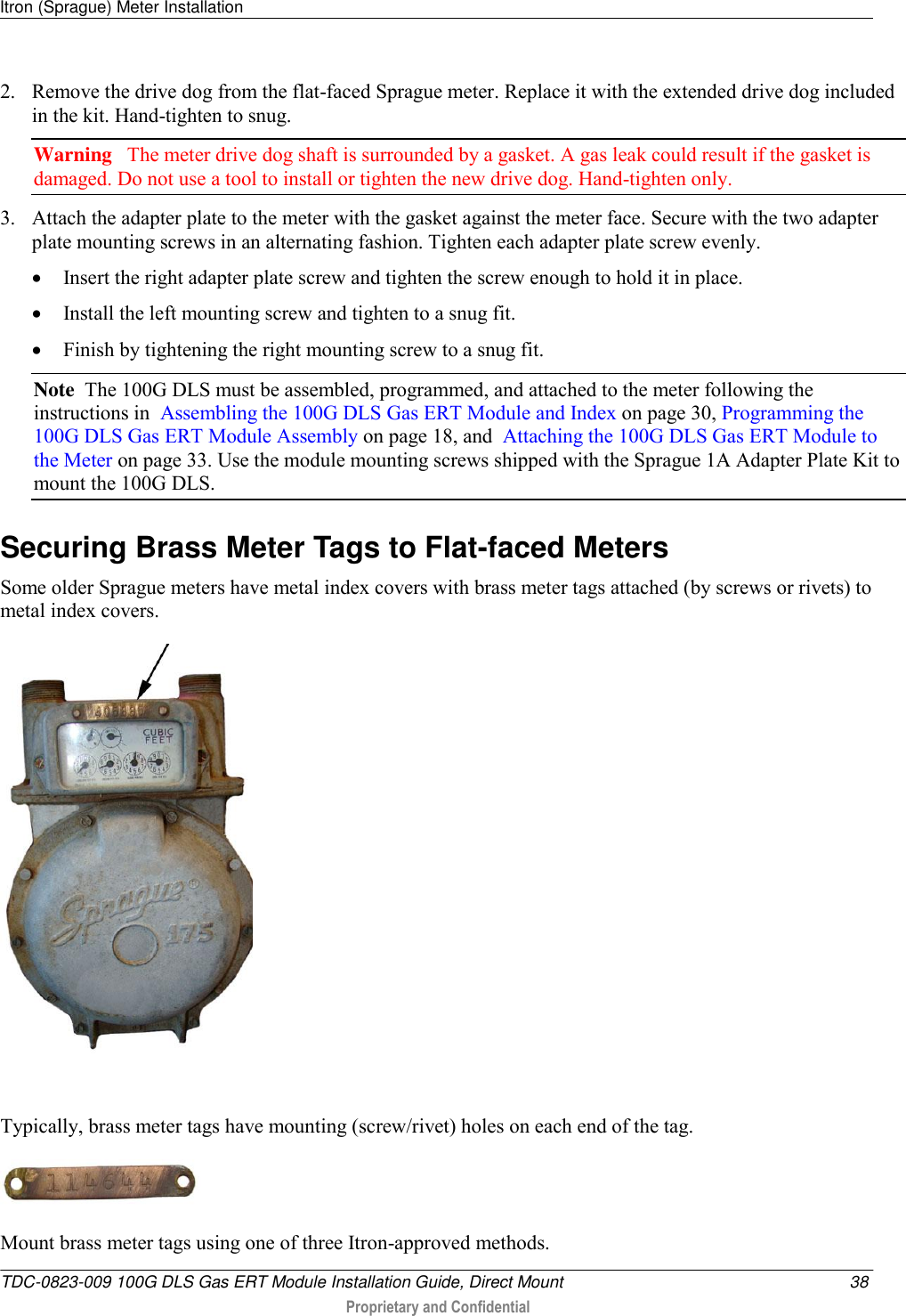 Itron (Sprague) Meter Installation   TDC-0823-009 100G DLS Gas ERT Module Installation Guide, Direct Mount  38  Proprietary and Confidential    2. Remove the drive dog from the flat-faced Sprague meter. Replace it with the extended drive dog included in the kit. Hand-tighten to snug. Warning   The meter drive dog shaft is surrounded by a gasket. A gas leak could result if the gasket is damaged. Do not use a tool to install or tighten the new drive dog. Hand-tighten only. 3. Attach the adapter plate to the meter with the gasket against the meter face. Secure with the two adapter plate mounting screws in an alternating fashion. Tighten each adapter plate screw evenly.  Insert the right adapter plate screw and tighten the screw enough to hold it in place.   Install the left mounting screw and tighten to a snug fit.   Finish by tightening the right mounting screw to a snug fit.  Note  The 100G DLS must be assembled, programmed, and attached to the meter following the instructions in  Assembling the 100G DLS Gas ERT Module and Index on page 30, Programming the 100G DLS Gas ERT Module Assembly on page 18, and  Attaching the 100G DLS Gas ERT Module to the Meter on page 33. Use the module mounting screws shipped with the Sprague 1A Adapter Plate Kit to mount the 100G DLS.   Securing Brass Meter Tags to Flat-faced Meters Some older Sprague meters have metal index covers with brass meter tags attached (by screws or rivets) to metal index covers.   Typically, brass meter tags have mounting (screw/rivet) holes on each end of the tag.  Mount brass meter tags using one of three Itron-approved methods.  