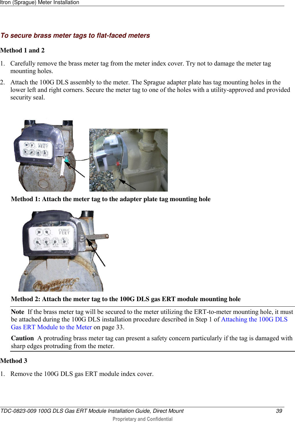 Itron (Sprague) Meter Installation   TDC-0823-009 100G DLS Gas ERT Module Installation Guide, Direct Mount  39   Proprietary and Confidential     To secure brass meter tags to flat-faced meters Method 1 and 2  1. Carefully remove the brass meter tag from the meter index cover. Try not to damage the meter tag mounting holes.  2. Attach the 100G DLS assembly to the meter. The Sprague adapter plate has tag mounting holes in the lower left and right corners. Secure the meter tag to one of the holes with a utility-approved and provided security seal.    Method 1: Attach the meter tag to the adapter plate tag mounting hole  Method 2: Attach the meter tag to the 100G DLS gas ERT module mounting hole Note  If the brass meter tag will be secured to the meter utilizing the ERT-to-meter mounting hole, it must be attached during the 100G DLS installation procedure described in Step 1 of Attaching the 100G DLS Gas ERT Module to the Meter on page 33. Caution  A protruding brass meter tag can present a safety concern particularly if the tag is damaged with sharp edges protruding from the meter. Method 3 1. Remove the 100G DLS gas ERT module index cover. 