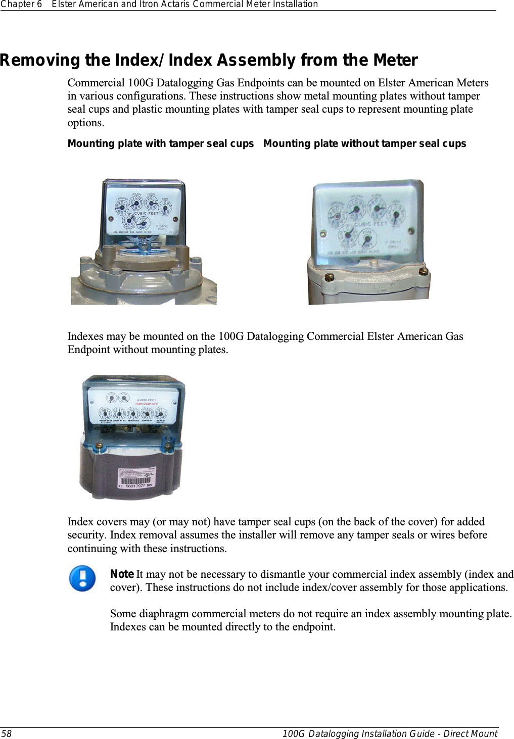 Chapter 6 Elster American and Itron Actaris Commercial Meter Installation  58 100G Datalogging Installation Guide - Direct Mount  Removing the Index/ Index Assembly from the Meter Commercial 100G Datalogging Gas Endpoints can be mounted on Elster American Meters in various configurations. These instructions show metal mounting plates without tamper seal cups and plastic mounting plates with tamper seal cups to represent mounting plate options.   Mounting plate with tamper seal cups   Mounting plate without tamper seal cups                                    Indexes may be mounted on the 100G Datalogging Commercial Elster American Gas Endpoint without mounting plates.  Index covers may (or may not) have tamper seal cups (on the back of the cover) for added security. Index removal assumes the installer will remove any tamper seals or wires before continuing with these instructions.   Note It may not be necessary to dismantle your commercial index assembly (index and  cover). These instructions do not include index/cover assembly for those applications.   Some diaphragm commercial meters do not require an index assembly mounting plate.  Indexes can be mounted directly to the endpoint.     