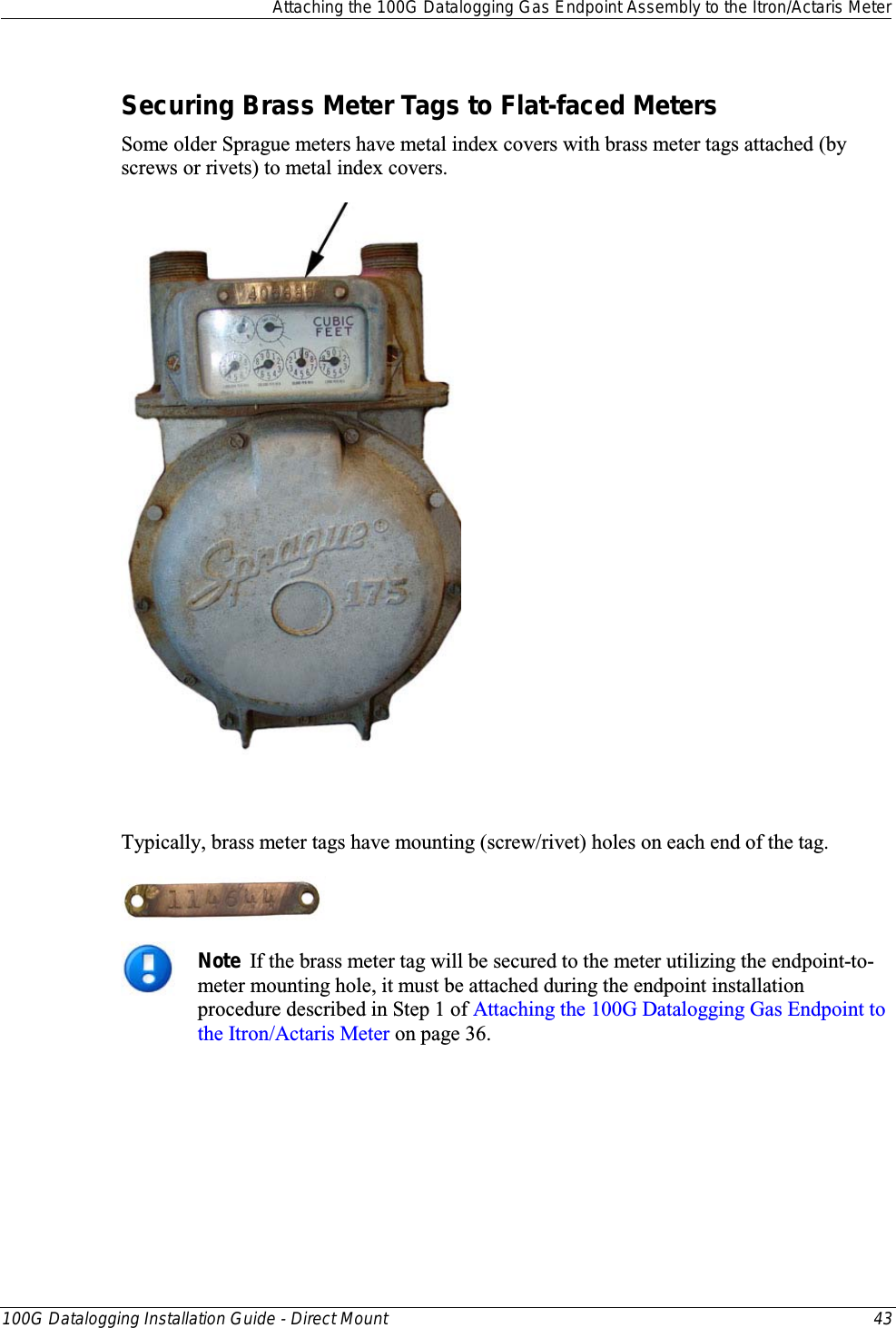  Attaching the 100G Datalogging Gas Endpoint Assembly to the Itron/Actaris Meter  100G Datalogging Installation Guide - Direct Mount 43  Securing Brass Meter Tags to Flat-faced Meters Some older Sprague meters have metal index covers with brass meter tags attached (by screws or rivets) to metal index covers.   Typically, brass meter tags have mounting (screw/rivet) holes on each end of the tag.   Note  If the brass meter tag will be secured to the meter utilizing the endpoint-to-meter mounting hole, it must be attached during the endpoint installation procedure described in Step 1 of Attaching the 100G Datalogging Gas Endpoint to the Itron/Actaris Meter on page 36.    