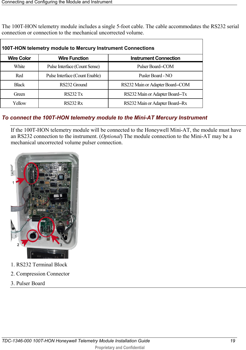 Connecting and Configuring the Module and Instrument   TDC-1346-000 100T-HON Honeywell Telemetry Module Installation Guide 19   Proprietary and Confidential     The 100T-HON telemetry module includes a single 5-foot cable. The cable accommodates the RS232 serial connection or connection to the mechanical uncorrected volume.  100T-HON telemetry module to Mercury Instrument Connections Wire Color  Wire Function Instrument Connection White Pulse Interface (Count Sense) Pulser Board--COM  Red Pulse Interface (Count Enable) Pusler Board - NO Black RS232 Ground RS232 Main or Adapter Board--COM Green  RS232 Tx RS232 Main or Adapter Board--Tx Yellow RS232 Rx RS232 Main or Adapter Board--Rx  To connect the 100T-HON telemetry module to the Mini-AT Mercury Instrument If the 100T-HON telemetry module will be connected to the Honeywell Mini-AT, the module must have an RS232 connection to the instrument. (Optional) The module connection to the Mini-AT may be a mechanical uncorrected volume pulser connection.  1. RS232 Terminal Block 2. Compression Connector 3. Pulser Board 