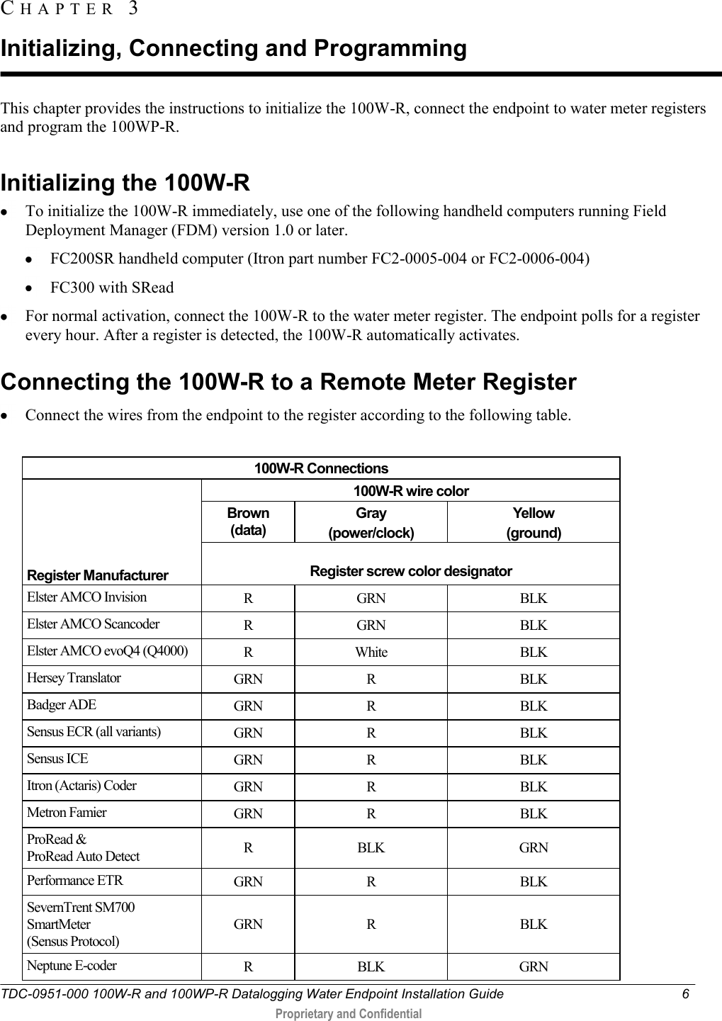  TDC-0951-000 100W-R and 100WP-R Datalogging Water Endpoint Installation Guide  6   Proprietary and Confidential     This chapter provides the instructions to initialize the 100W-R, connect the endpoint to water meter registers and program the 100WP-R.   Initializing the 100W-R  To initialize the 100W-R immediately, use one of the following handheld computers running Field Deployment Manager (FDM) version 1.0 or later.   FC200SR handheld computer (Itron part number FC2-0005-004 or FC2-0006-004)  FC300 with SRead  For normal activation, connect the 100W-R to the water meter register. The endpoint polls for a register every hour. After a register is detected, the 100W-R automatically activates.   Connecting the 100W-R to a Remote Meter Register    Connect the wires from the endpoint to the register according to the following table.  100W-R Connections      Register Manufacturer 100W-R wire color Brown  (data) Gray  (power/clock) Yellow (ground)  Register screw color designator Elster AMCO Invision R GRN BLK Elster AMCO Scancoder R GRN BLK Elster AMCO evoQ4 (Q4000) R White BLK Hersey Translator GRN R BLK Badger ADE GRN R BLK Sensus ECR (all variants) GRN R BLK Sensus ICE GRN R BLK Itron (Actaris) Coder GRN R BLK Metron Famier GRN R BLK ProRead &amp;  ProRead Auto Detect R BLK GRN Performance ETR GRN R BLK SevernTrent SM700 SmartMeter  (Sensus Protocol) GRN R BLK Neptune E-coder R BLK GRN CH A P T E R   3  Initializing, Connecting and Programming  