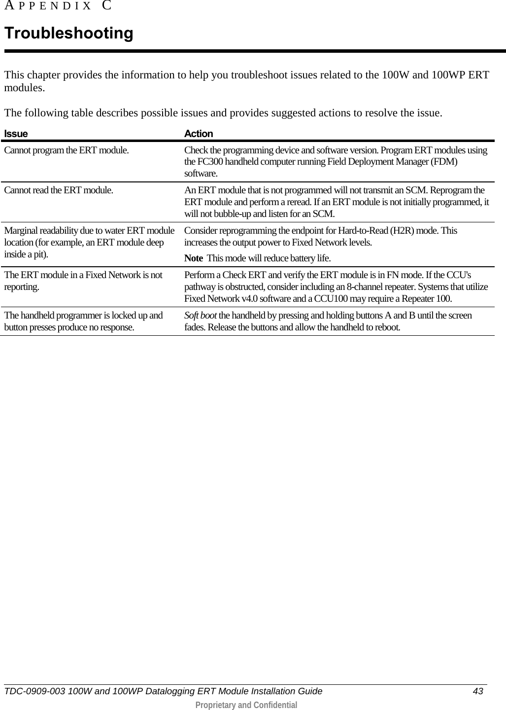  TDC-0909-003 100W and 100WP Datalogging ERT Module Installation Guide 43   Proprietary and Confidential     This chapter provides the information to help you troubleshoot issues related to the 100W and 100WP ERT modules.  The following table describes possible issues and provides suggested actions to resolve the issue. Issue  Action Cannot program the ERT module. Check the programming device and software version. Program ERT modules using the FC300 handheld computer running Field Deployment Manager (FDM) software. Cannot read the ERT module. An ERT module that is not programmed will not transmit an SCM. Reprogram the ERT module and perform a reread. If an ERT module is not initially programmed, it will not bubble-up and listen for an SCM. Marginal readability due to water ERT module location (for example, an ERT module deep inside a pit). Consider reprogramming the endpoint for Hard-to-Read (H2R) mode. This increases the output power to Fixed Network levels.  Note  This mode will reduce battery life.  The ERT module in a Fixed Network is not reporting. Perform a Check ERT and verify the ERT module is in FN mode. If the CCU&apos;s pathway is obstructed, consider including an 8-channel repeater. Systems that utilize Fixed Network v4.0 software and a CCU100 may require a Repeater 100. The handheld programmer is locked up and button presses produce no response. Soft boot the handheld by pressing and holding buttons A and B until the screen fades. Release the buttons and allow the handheld to reboot.   APPENDIX C  Troubleshooting 