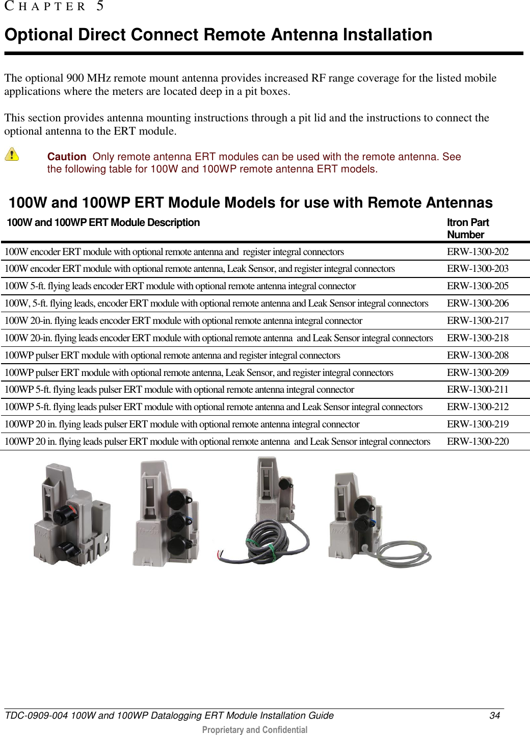  TDC-0909-004 100W and 100WP Datalogging ERT Module Installation Guide  34   Proprietary and Confidential     The optional 900 MHz remote mount antenna provides increased RF range coverage for the listed mobile applications where the meters are located deep in a pit boxes. This section provides antenna mounting instructions through a pit lid and the instructions to connect the optional antenna to the ERT module.  Caution  Only remote antenna ERT modules can be used with the remote antenna. See the following table for 100W and 100WP remote antenna ERT models.  100W and 100WP ERT Module Models for use with Remote Antennas  100W and 100WP ERT Module Description Itron Part Number 100W encoder ERT module with optional remote antenna and  register integral connectors ERW-1300-202 100W encoder ERT module with optional remote antenna, Leak Sensor, and register integral connectors ERW-1300-203 100W 5-ft. flying leads encoder ERT module with optional remote antenna integral connector ERW-1300-205 100W, 5-ft. flying leads, encoder ERT module with optional remote antenna and Leak Sensor integral connectors ERW-1300-206 100W 20-in. flying leads encoder ERT module with optional remote antenna integral connector ERW-1300-217 100W 20-in. flying leads encoder ERT module with optional remote antenna  and Leak Sensor integral connectors ERW-1300-218 100WP pulser ERT module with optional remote antenna and register integral connectors ERW-1300-208 100WP pulser ERT module with optional remote antenna, Leak Sensor, and register integral connectors ERW-1300-209 100WP 5-ft. flying leads pulser ERT module with optional remote antenna integral connector ERW-1300-211 100WP 5-ft. flying leads pulser ERT module with optional remote antenna and Leak Sensor integral connectors  ERW-1300-212 100WP 20 in. flying leads pulser ERT module with optional remote antenna integral connector ERW-1300-219 100WP 20 in. flying leads pulser ERT module with optional remote antenna  and Leak Sensor integral connectors ERW-1300-220                 CH A P T E R   5  Optional Direct Connect Remote Antenna Installation 