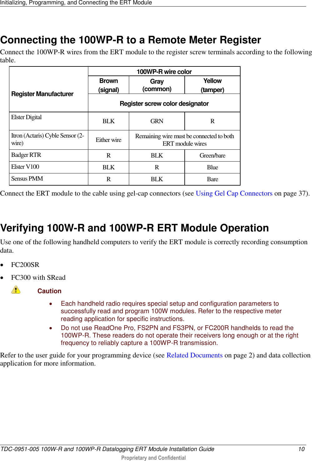 Initializing, Programming, and Connecting the ERT Module   TDC-0951-005 100W-R and 100WP-R Datalogging ERT Module Installation Guide  10  Proprietary and Confidential    Connecting the 100WP-R to a Remote Meter Register Connect the 100WP-R wires from the ERT module to the register screw terminals according to the following table.     Register Manufacturer 100WP-R wire color Brown (signal) Gray (common) Yellow (tamper) Register screw color designator Elster Digital BLK GRN R Itron (Actaris) Cyble Sensor (2-wire) Either wire Remaining wire must be connected to both ERT module wires Badger RTR R BLK Green/bare Elster V100 BLK R Blue Sensus PMM R BLK Bare Connect the ERT module to the cable using gel-cap connectors (see Using Gel Cap Connectors on page 37).    Verifying 100W-R and 100WP-R ERT Module Operation Use one of the following handheld computers to verify the ERT module is correctly recording consumption data.  FC200SR  FC300 with SRead  Caution     Each handheld radio requires special setup and configuration parameters to successfully read and program 100W modules. Refer to the respective meter reading application for specific instructions.   Do not use ReadOne Pro, FS2PN and FS3PN, or FC200R handhelds to read the 100WP-R. These readers do not operate their receivers long enough or at the right frequency to reliably capture a 100WP-R transmission. Refer to the user guide for your programming device (see Related Documents on page 2) and data collection application for more information.   