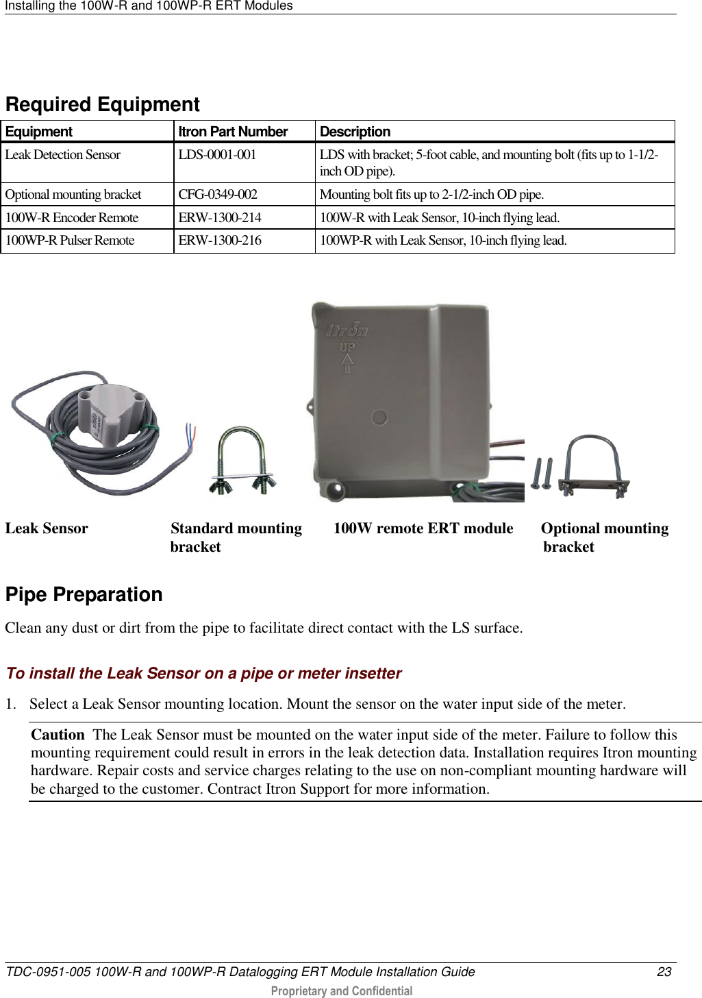 Installing the 100W-R and 100WP-R ERT Modules   TDC-0951-005 100W-R and 100WP-R Datalogging ERT Module Installation Guide  23   Proprietary and Confidential      Required Equipment Equipment Itron Part Number Description Leak Detection Sensor LDS-0001-001 LDS with bracket; 5-foot cable, and mounting bolt (fits up to 1-1/2-inch OD pipe). Optional mounting bracket CFG-0349-002 Mounting bolt fits up to 2-1/2-inch OD pipe. 100W-R Encoder Remote  ERW-1300-214 100W-R with Leak Sensor, 10-inch flying lead.  100WP-R Pulser Remote  ERW-1300-216 100WP-R with Leak Sensor, 10-inch flying lead.            Leak Sensor                     Standard mounting        100W remote ERT module       Optional mounting                                           bracket                                                                                  bracket  Pipe Preparation Clean any dust or dirt from the pipe to facilitate direct contact with the LS surface.  To install the Leak Sensor on a pipe or meter insetter 1. Select a Leak Sensor mounting location. Mount the sensor on the water input side of the meter. Caution  The Leak Sensor must be mounted on the water input side of the meter. Failure to follow this mounting requirement could result in errors in the leak detection data. Installation requires Itron mounting hardware. Repair costs and service charges relating to the use on non-compliant mounting hardware will be charged to the customer. Contract Itron Support for more information. 