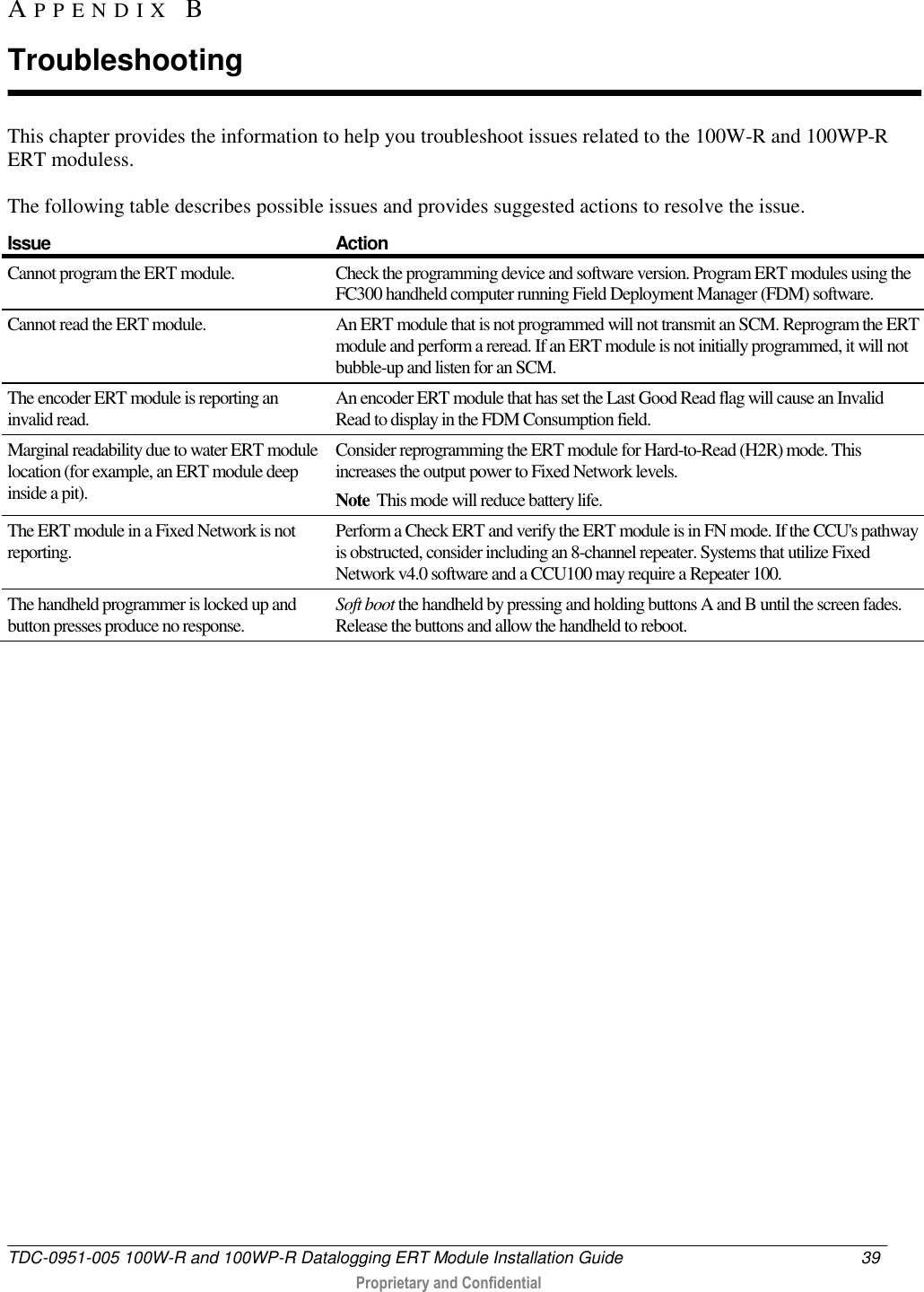  TDC-0951-005 100W-R and 100WP-R Datalogging ERT Module Installation Guide  39   Proprietary and Confidential     This chapter provides the information to help you troubleshoot issues related to the 100W-R and 100WP-R ERT moduless.  The following table describes possible issues and provides suggested actions to resolve the issue. Issue  Action Cannot program the ERT module. Check the programming device and software version. Program ERT modules using the FC300 handheld computer running Field Deployment Manager (FDM) software. Cannot read the ERT module. An ERT module that is not programmed will not transmit an SCM. Reprogram the ERT module and perform a reread. If an ERT module is not initially programmed, it will not bubble-up and listen for an SCM. The encoder ERT module is reporting an invalid read. An encoder ERT module that has set the Last Good Read flag will cause an Invalid Read to display in the FDM Consumption field. Marginal readability due to water ERT module location (for example, an ERT module deep inside a pit). Consider reprogramming the ERT module for Hard-to-Read (H2R) mode. This increases the output power to Fixed Network levels.  Note  This mode will reduce battery life.  The ERT module in a Fixed Network is not reporting. Perform a Check ERT and verify the ERT module is in FN mode. If the CCU&apos;s pathway is obstructed, consider including an 8-channel repeater. Systems that utilize Fixed Network v4.0 software and a CCU100 may require a Repeater 100. The handheld programmer is locked up and button presses produce no response. Soft boot the handheld by pressing and holding buttons A and B until the screen fades. Release the buttons and allow the handheld to reboot.                      AP P E N D I X   B  Troubleshooting 