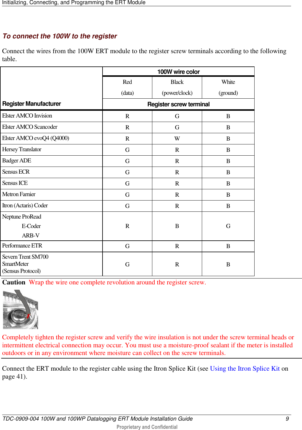 Initializing, Connecting, and Programming the ERT Module   TDC-0909-004 100W and 100WP Datalogging ERT Module Installation Guide  9   Proprietary and Confidential     To connect the 100W to the register Connect the wires from the 100W ERT module to the register screw terminals according to the following table.     Register Manufacturer 100W wire color Red  (data) Black  (power/clock) White  (ground) Register screw terminal Elster AMCO Invision R G  B Elster AMCO Scancoder R G  B Elster AMCO evoQ4 (Q4000) R W B Hersey Translator G R B Badger ADE G R B Sensus ECR G R B Sensus ICE G R B Metron Farnier G R B Itron (Actaris) Coder G R B Neptune ProRead                 E-Coder                 ARB-V R B G Performance ETR G R B Severn Trent SM700 SmartMeter (Sensus Protocol)  G  R  B Caution  Wrap the wire one complete revolution around the register screw.   Completely tighten the register screw and verify the wire insulation is not under the screw terminal heads or intermittent electrical connection may occur. You must use a moisture-proof sealant if the meter is installed outdoors or in any environment where moisture can collect on the screw terminals.   Connect the ERT module to the register cable using the Itron Splice Kit (see Using the Itron Splice Kit on page 41). 